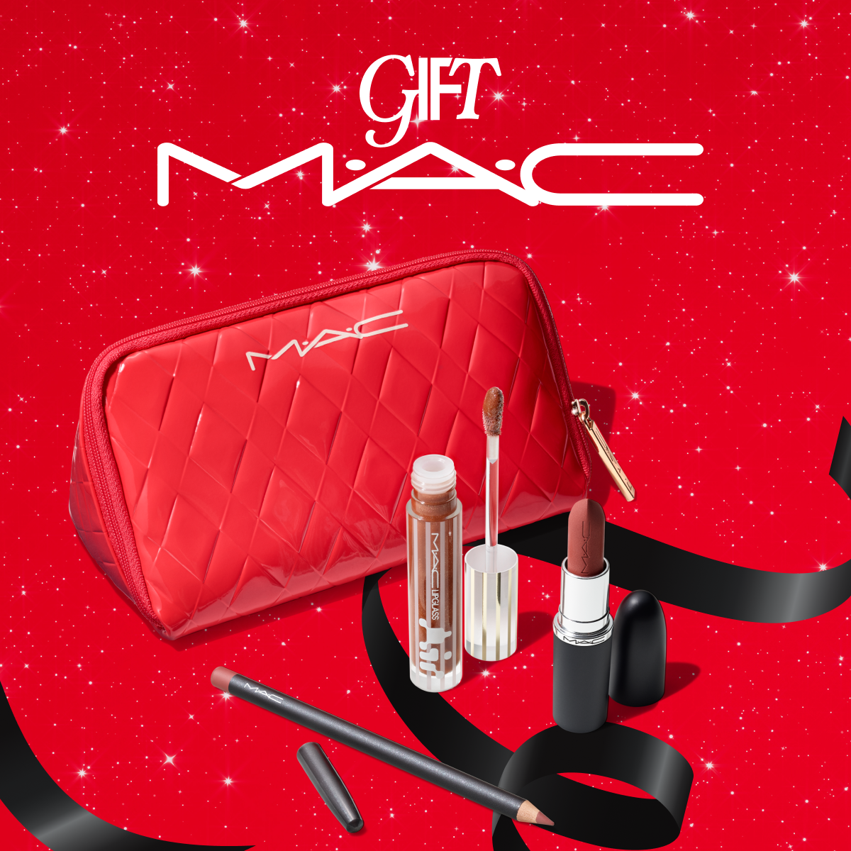 A red, sparkly background with the MAC logo and the word "GIFT" in white. In the foreground, a red MAC makeup bag is open, revealing a lipstick, a lip gloss, and a lip pencil. The text overlay announces a 35% discount and a special gift, suggesting a holiday promotion.