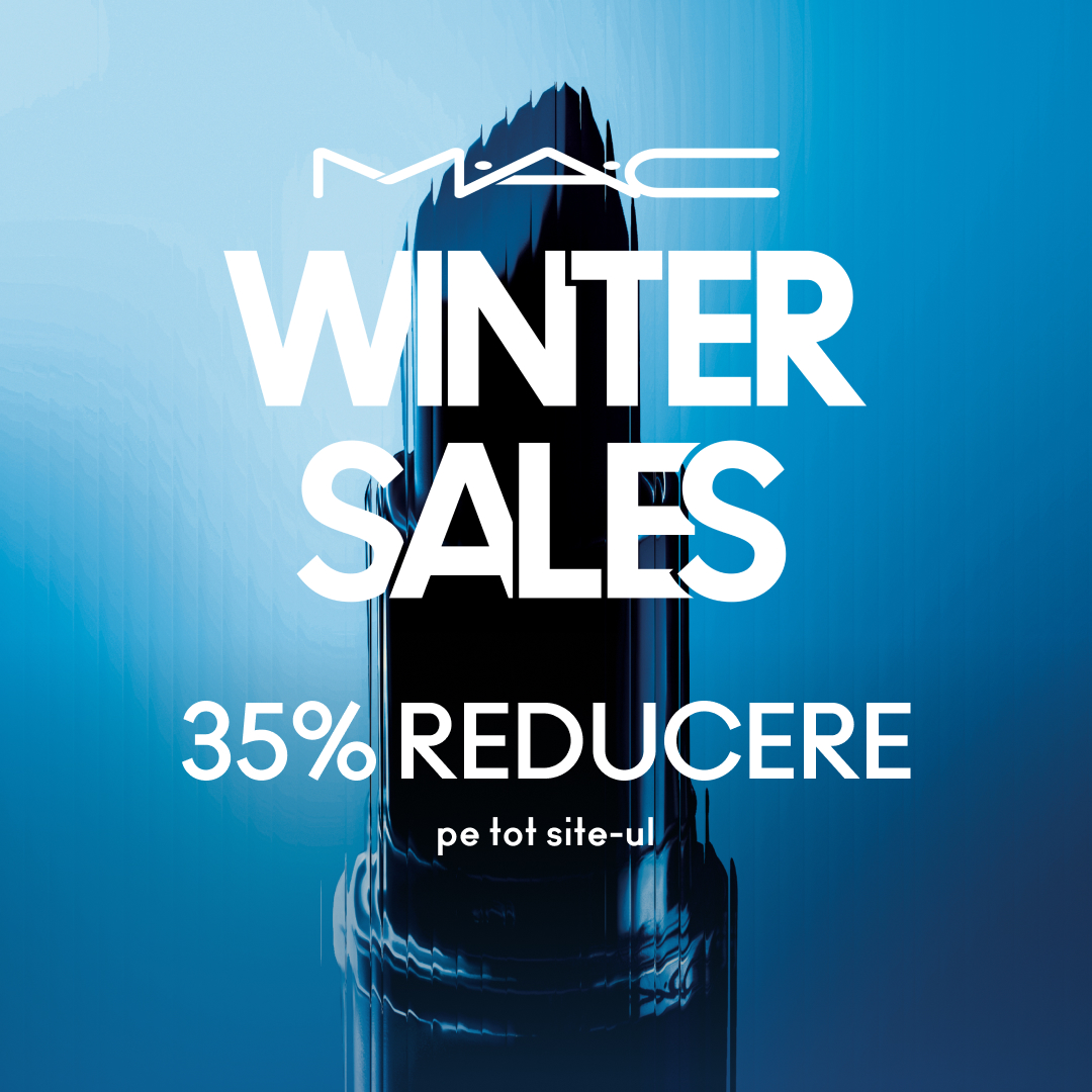 The creative features a close-up of a MAC lipstick against a blue gradient background. Large white text overlays the image, stating "WINTER SALES" and "35% REDUCERE" with smaller text below reading "pe tot site-ul". The overall impression is a promotional graphic for a winter sale with a significant discount across the entire website.