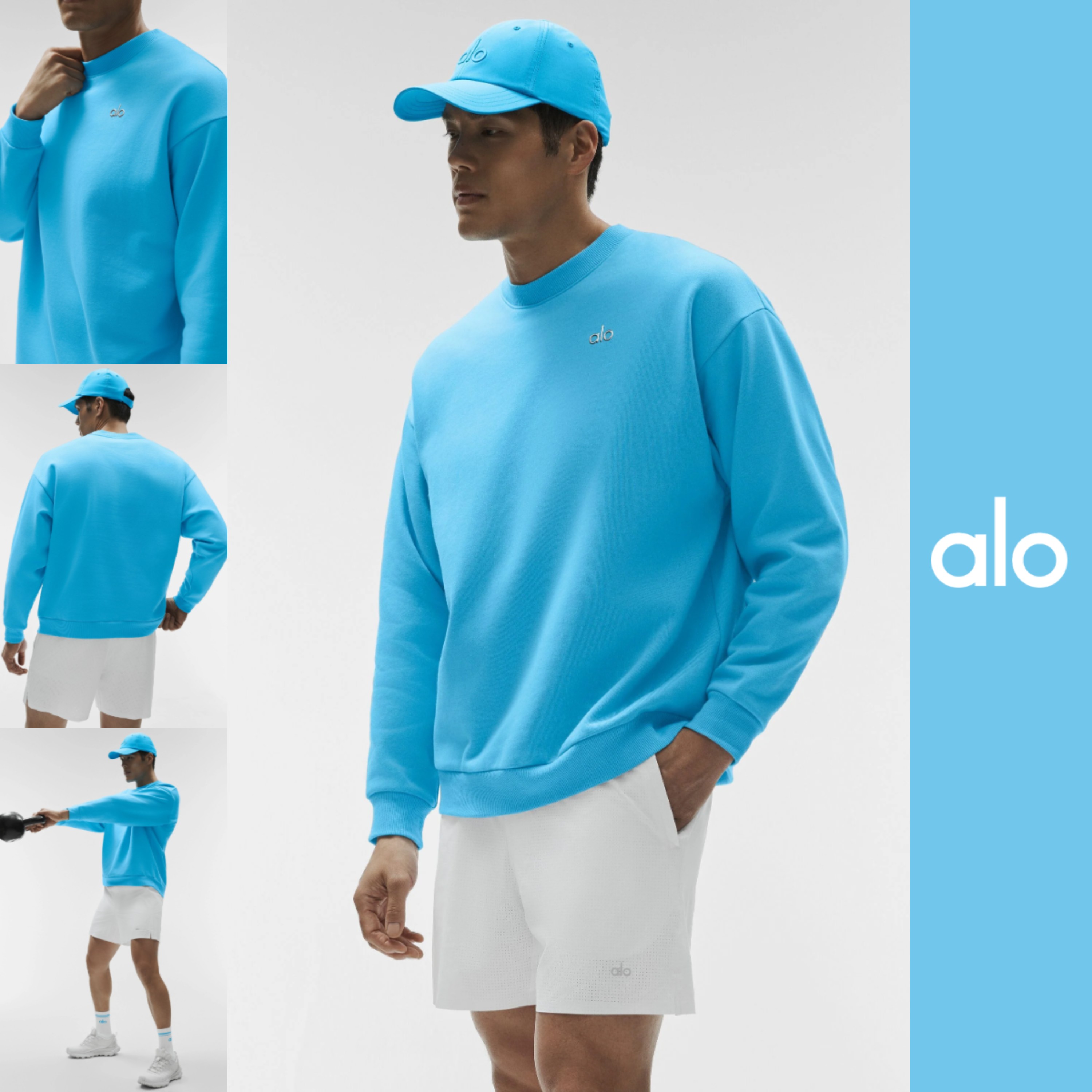 A man is shown from multiple angles wearing a bright blue crewneck sweatshirt and white shorts. He is also wearing a matching blue baseball cap. The main image features the man in a three-quarter profile, looking to the left. Smaller inset images show him from the front and the back, and another shows him performing a kettlebell exercise. The brand logo 'alo' is subtly visible on the sweatshirt and shorts. The right side of the creative features the 'alo' logo in white text against a solid blue background.