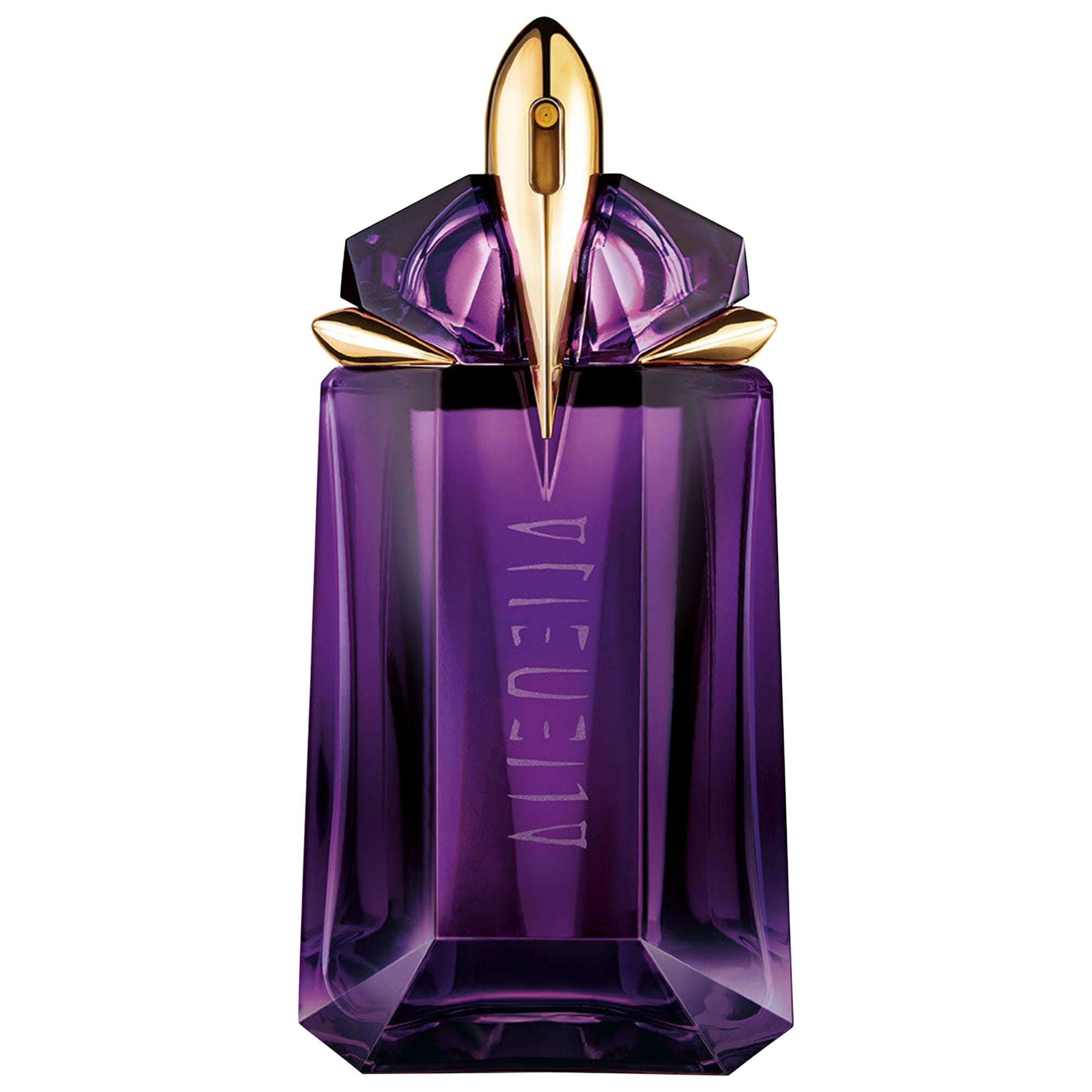 A striking, faceted purple perfume bottle with a gold cap is centered against a white background. The bottle has the word "ALIEN" etched vertically in a light color. The text "Our stores are just the beginning—find even more beauty on sephora.com 💎" is overlaid on the image in a clean, white font.