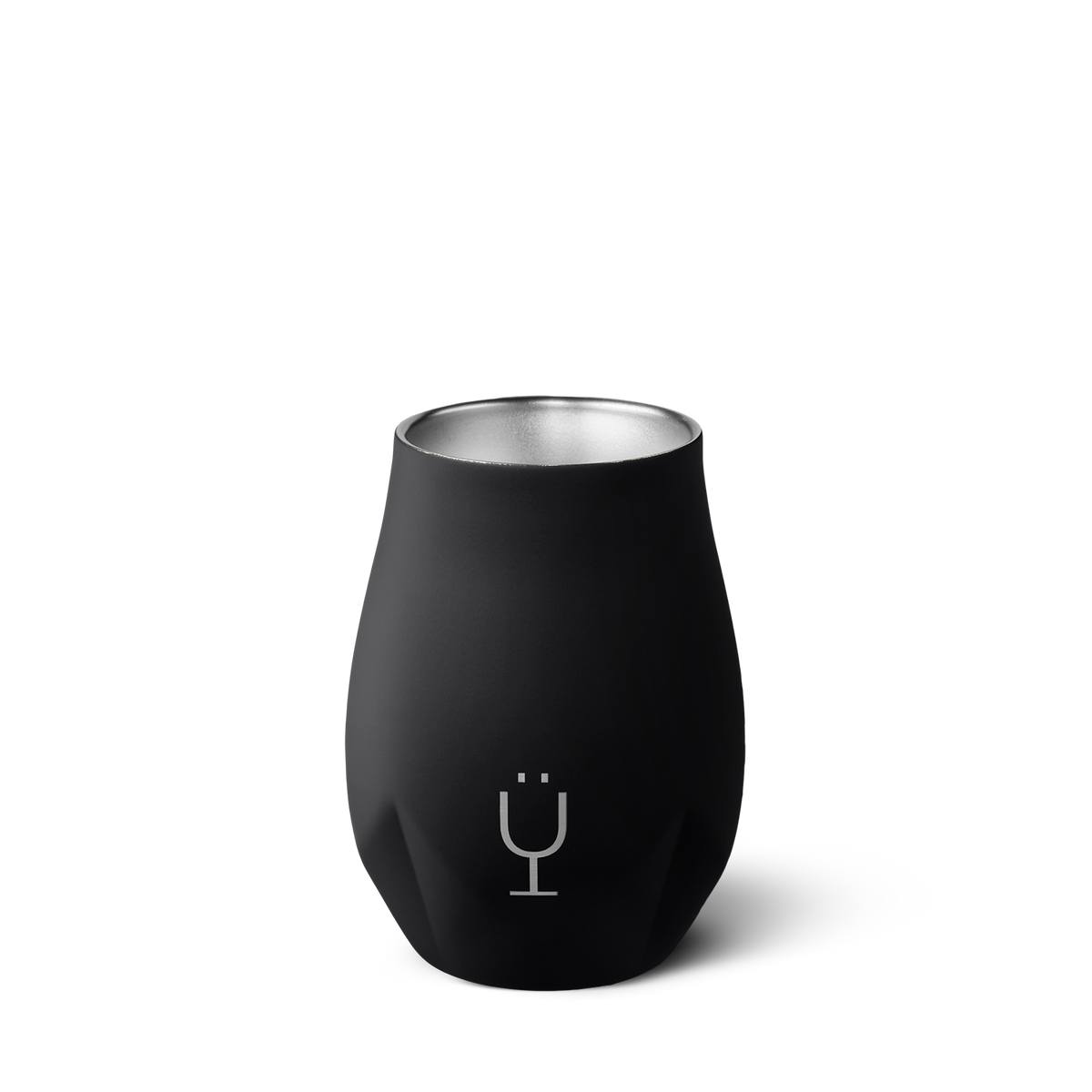 A black, stemless wine tumbler with a silver interior is shown against a white background. The tumbler has a slightly textured, matte finish and a subtle indentation near the base. A small, stylized logo resembling a wine glass with a smiley face is debossed on the front. The text "Millions of customers can’t be wrong. BRÜMATE is that good." is overlaid on the image.