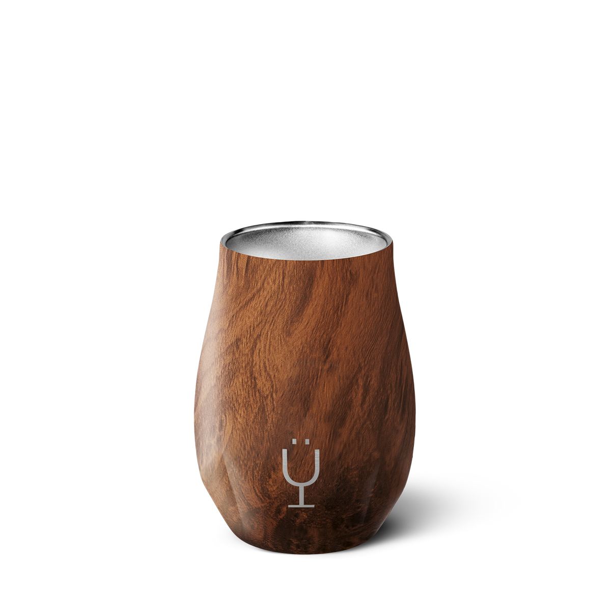 A product shot of a wooden-textured tumbler with a silver rim. The tumbler has a minimalist logo on the front. Text overlay reads "100,000+ 5-star reviews and counting. Your new favorite drinkware is waiting." The background is plain white.