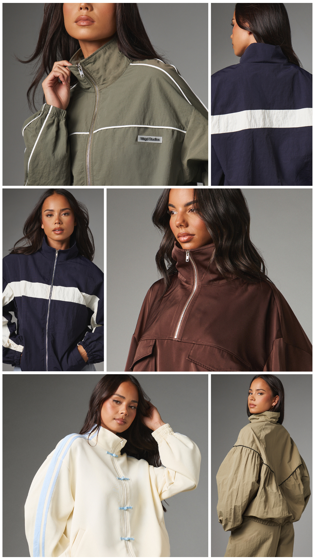 A collage of five images showcases different women wearing stylish jackets. The first image shows a woman in a green jacket, the second a woman in a navy jacket, the third a woman in a brown jacket, the fourth a woman in a cream jacket, and the fifth a woman in a khaki jacket. Text overlaying the images reads: 'One extra layer changes the whole outfit. Discover new funnel necks and lightweight jackets. Shop now at Missguided.com.'