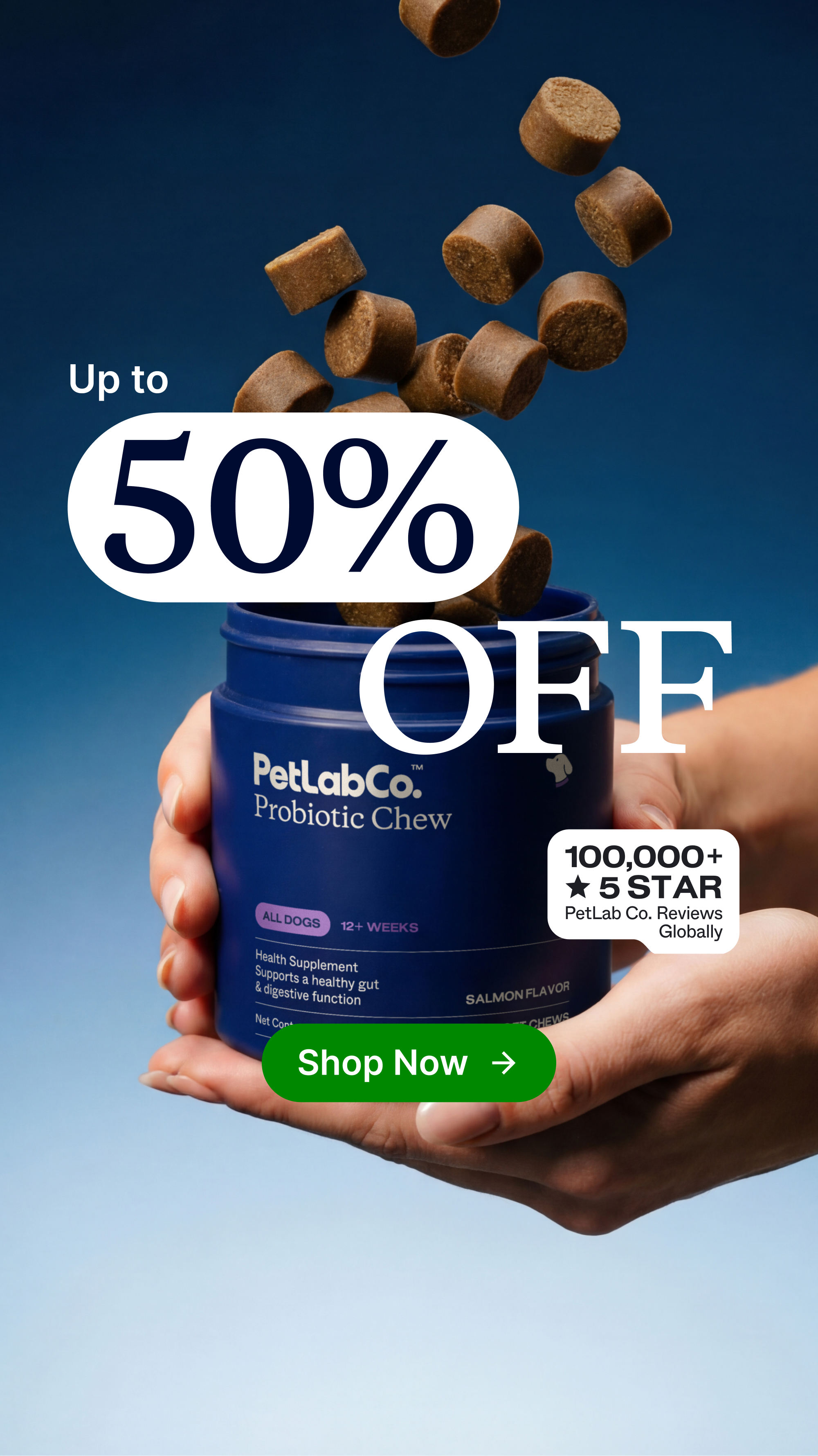 A product shot of PetLabCo. Probiotic Chews for dogs, with a blue jar held by two hands. The background is a gradient of dark to light blue. Large white text overlays the image, stating "Up to 50% OFF". A white speech bubble graphic contains "100,000+ 5 STAR PetLab Co. Reviews Globally". A green "Shop Now" button is visible at the bottom.