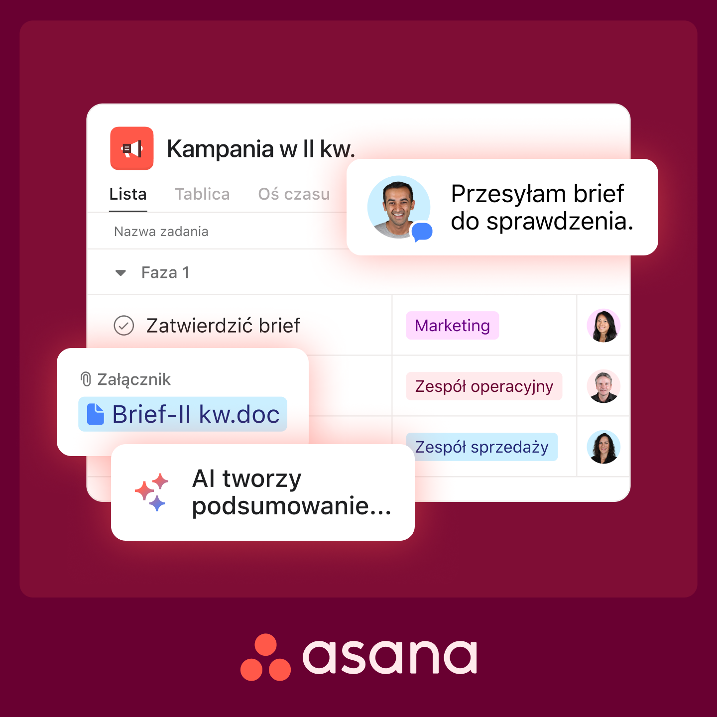 The creative shows a stylized illustration of the Asana project management application interface. A pop-up chat bubble displays a message from a smiling man, saying "I'm sending the brief for review." Another pop-up highlights an attached document named "Brief-II kw.doc." A third pop-up indicates that "AI is creating a summary..." The interface displays tasks like "Approve brief" assigned to "Marketing" and "Operational team." The main text overlay reads: "Stop switching between apps to find what you need. Move work and data to Asana."