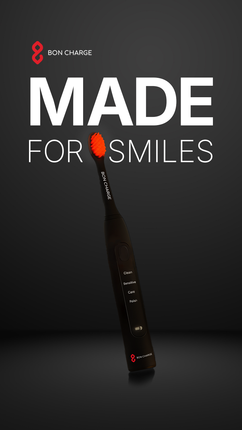 A black electric toothbrush with an orange brush head is shown at an angle against a dark, gradient background. White text overlays the image, with the words "MADE FOR SMILES" prominently displayed. Below "MADE", the text "BON CHARGE" appears in a smaller font next to a red logo. The toothbrush itself has "BON CHARGE" written vertically along its body and displays mode options such as "Clean", "Sensitive", "Care", and "Polish".