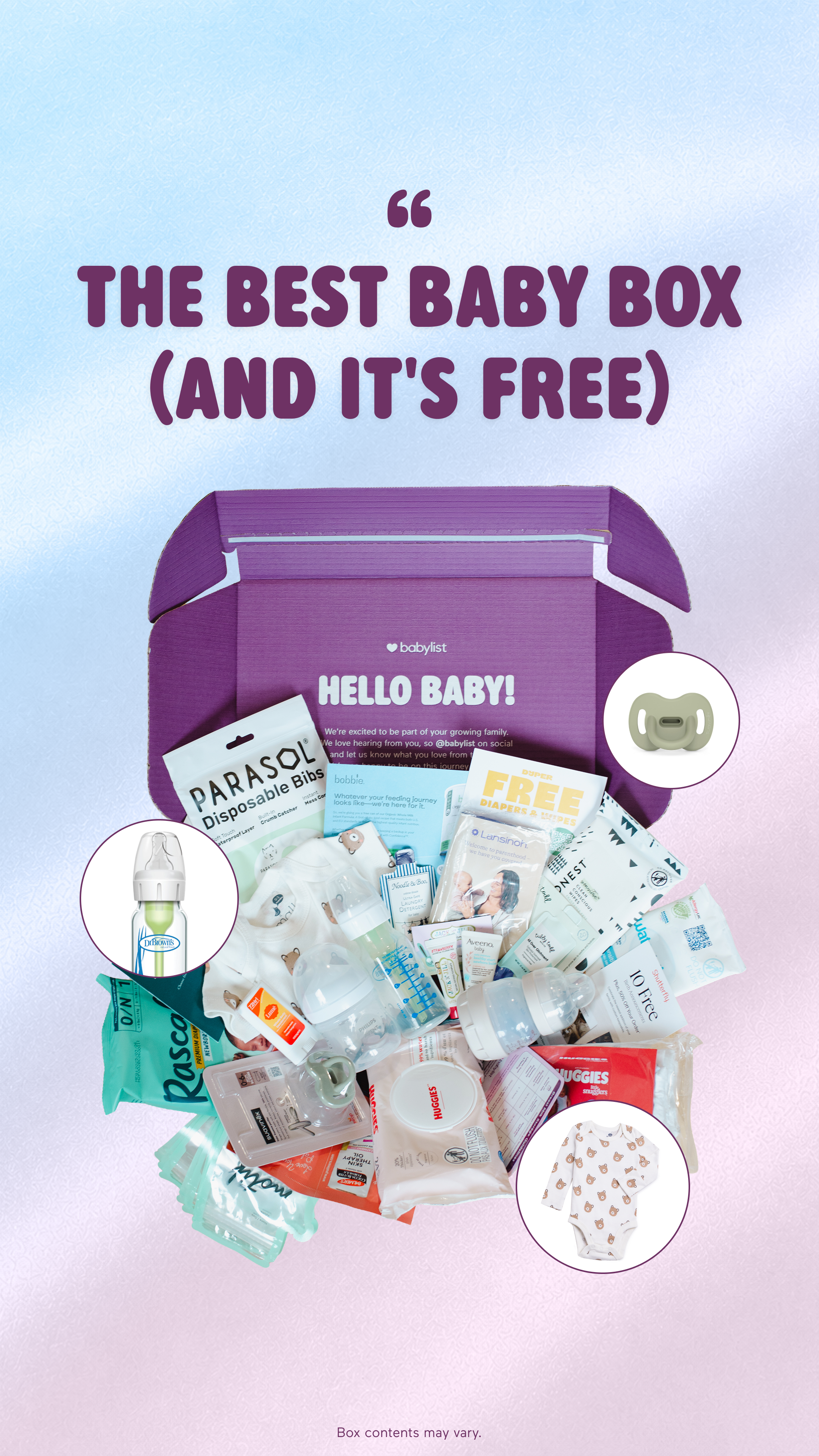 A flat lay of a "Babylist" branded box overflowing with various baby products, including diapers, wipes, a bottle, a pacifier, and a onesie. The background is a soft gradient of blue and pink. Large, bold purple text at the top reads "THE BEST BABY BOX (AND IT'S FREE)" with quotation marks. Below the box, smaller text states "Box contents may vary."