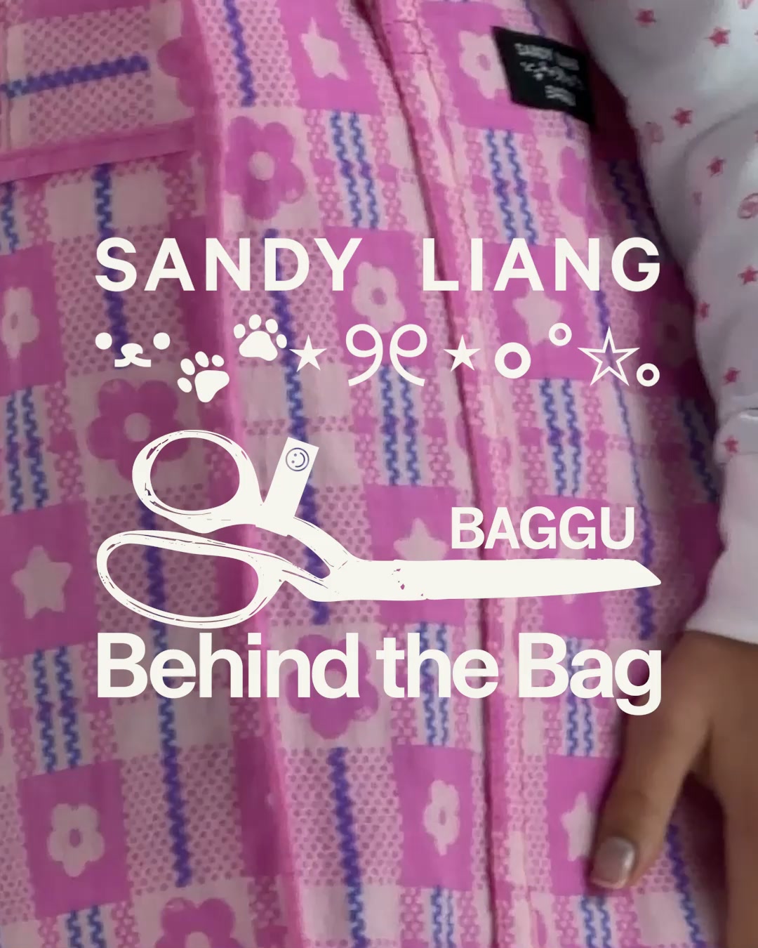The creative features a close-up of a pink and purple plaid fabric, likely a garment or bag. White text overlays the image, with the brand name "SANDY LIANG" prominently displayed at the top. Below this, there are playful icons including paw prints, stars, and circles. Further down, a graphic of scissors is overlaid, with the text "BAGGU" and "Behind the Bag" below it. The overall impression is a behind-the-scenes look at a collaboration between Sandy Liang and Baggu.
