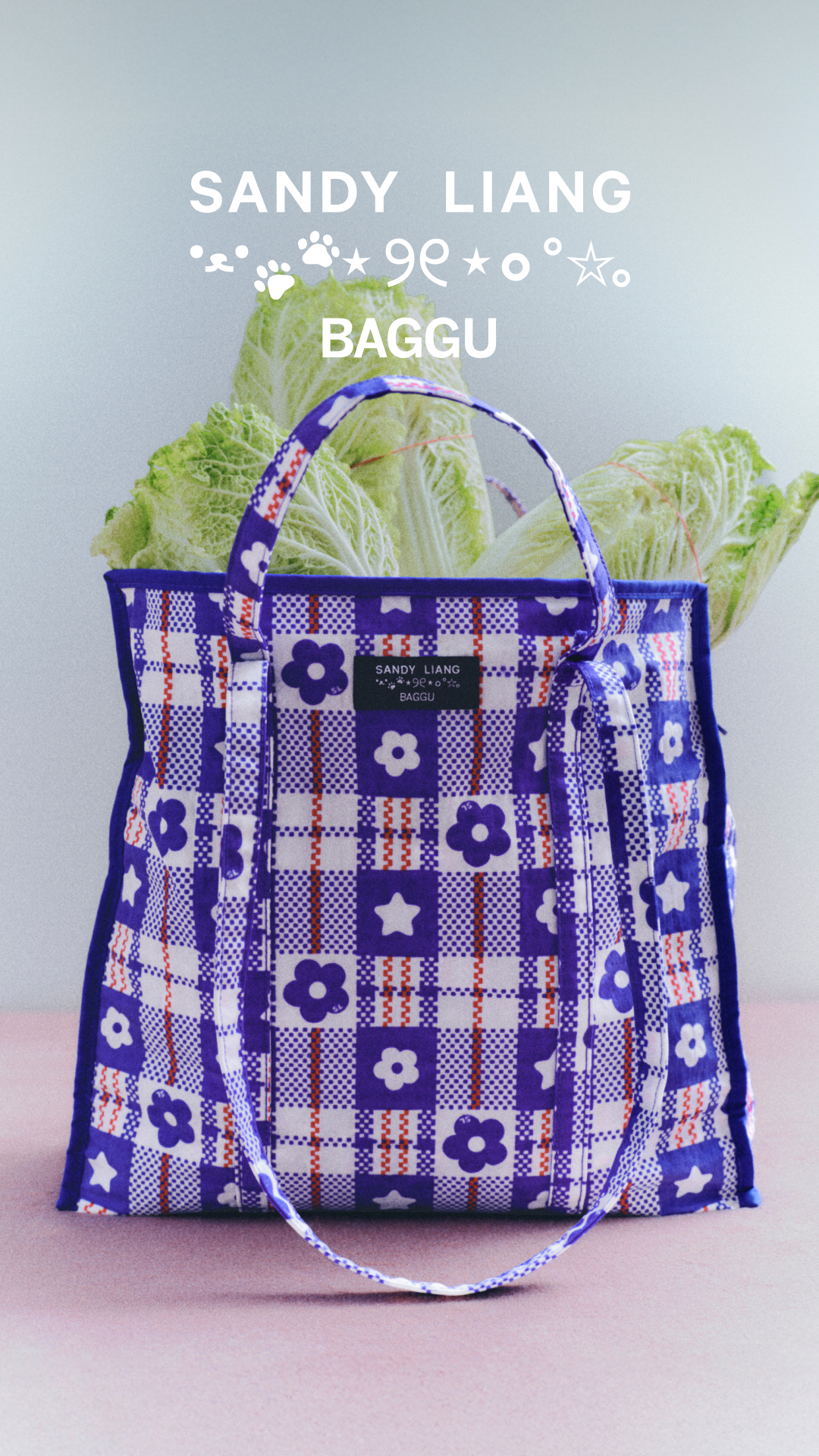 A purple and white plaid tote bag with floral and star patterns is shown filled with napa cabbage. The bag has a black label with white text that reads "SANDY LIANG" and "BAGGU". Above the bag, white text on a gradient background reads "SANDY LIANG" followed by a series of white icons including paw prints, stars, and circles, and then "BAGGU".