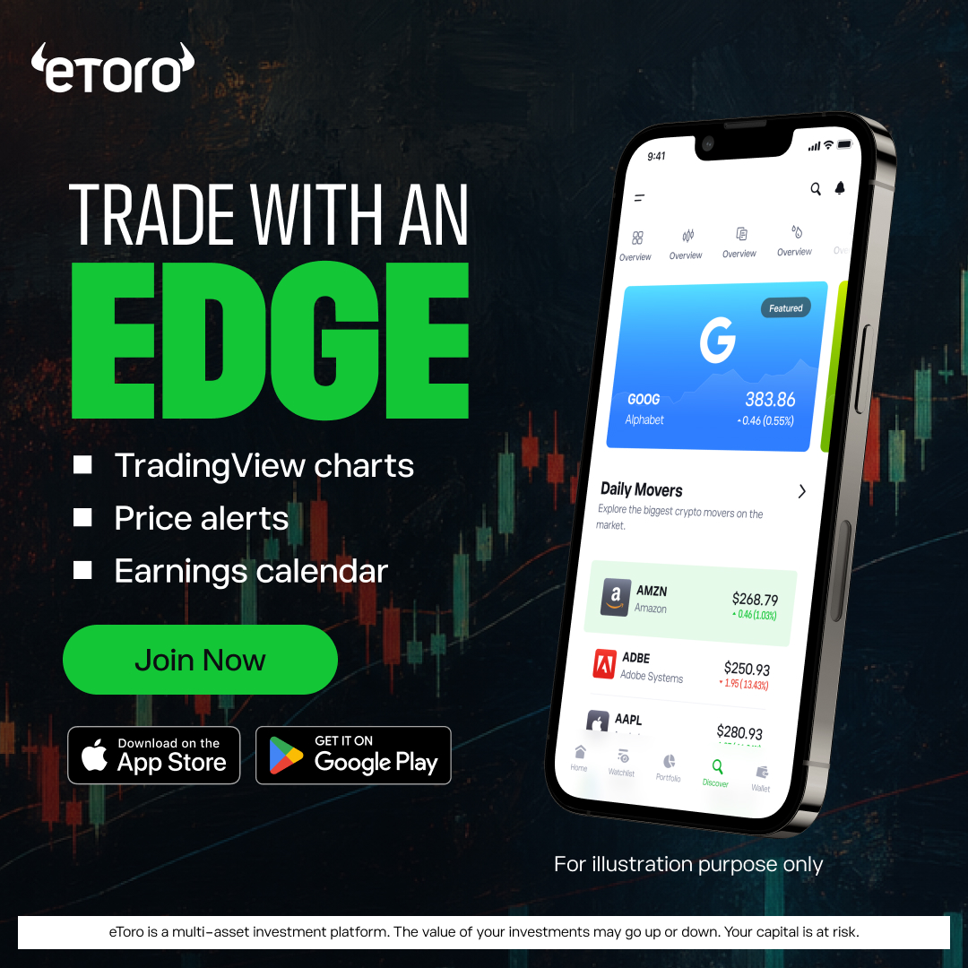 The creative features a smartphone displaying the eToro app, showcasing stock market data and daily movers. To the left of the phone, bold green text reads "EDGE" below the headline "TRADE WITH AN EDGE". Bullet points list "TradingView charts", "Price alerts", and "Earnings calendar". A "Join Now" button and app store download icons are also visible. The background depicts a dark, abstract representation of stock market charts.