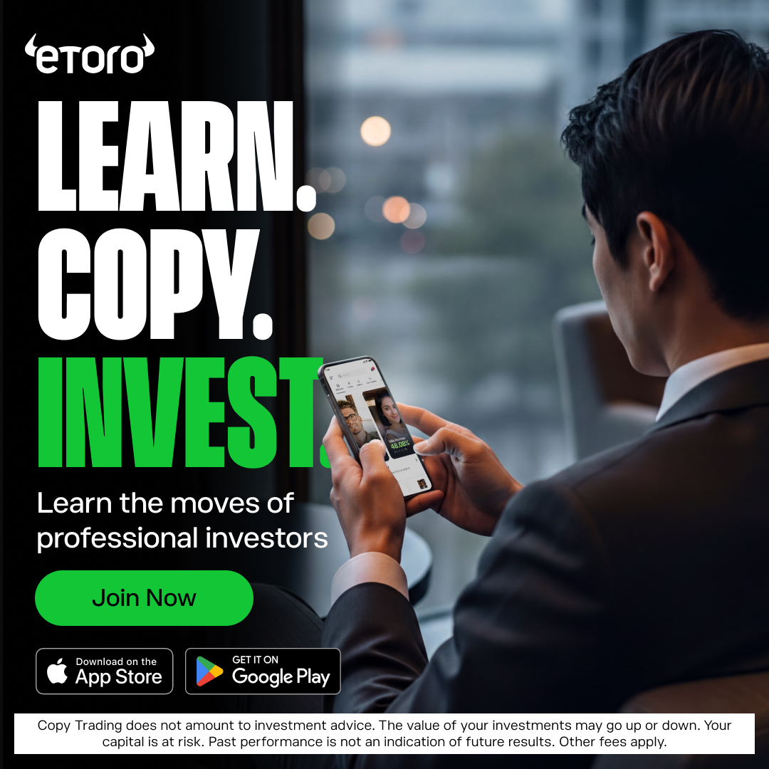 A man in a suit looks at his phone, which displays the eToro app. The background is a blurred cityscape. Large white text on the left reads "LEARN. COPY. INVEST.", with the word "INVEST" in bright green. Below this, smaller white text says "Learn the moves of professional investors". A green "Join Now" button is visible, along with app store download icons. The overall impression is of a professional financial platform that allows users to learn from and replicate the strategies of expert investors.