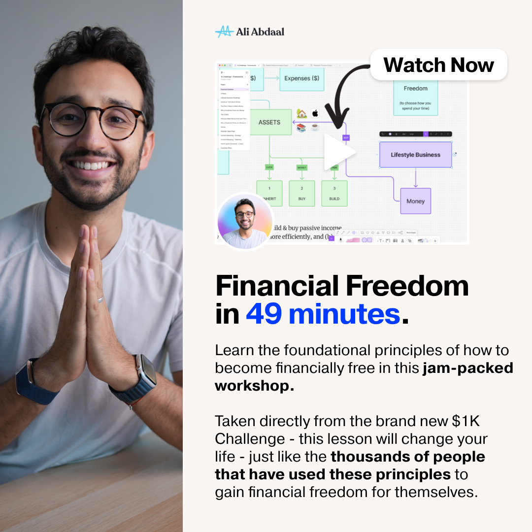 A man with glasses and a beard is shown from the chest up, smiling and with his hands pressed together in front of him. To the right of the man is a graphic that appears to be a flowchart or mind map with text labels like "Expenses", "Assets", "Lifestyle Business", and "Money". A "Watch Now" button is overlaid on the graphic. Below the graphic, large text reads "Financial Freedom in 49 minutes." Further text explains that the viewer will learn foundational principles to become financially free in a workshop, and that this lesson is taken from a "$1K Challenge" and has helped thousands of people.