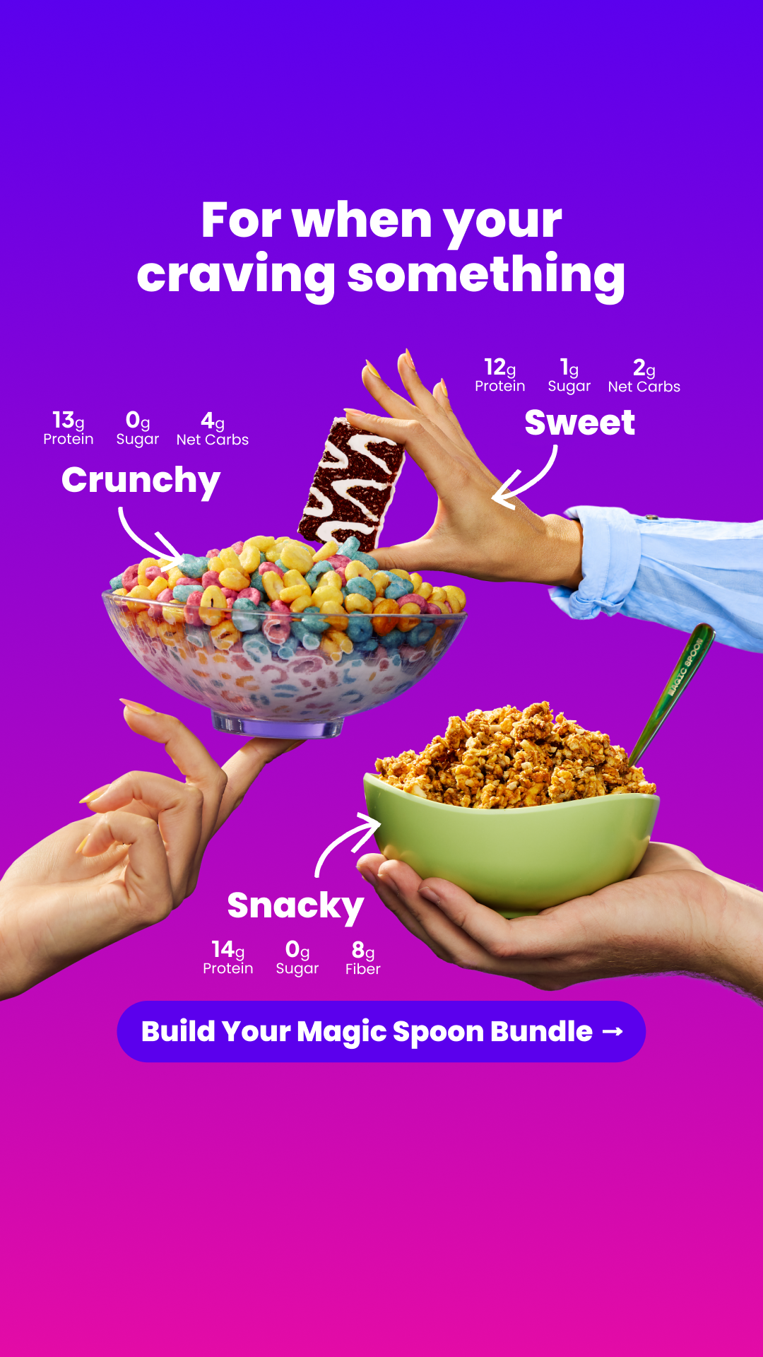 Two hands are shown holding bowls of cereal. The left hand holds a bowl of colorful, crunchy cereal with a chocolate-covered bar above it. Text indicates this is "Crunchy" with nutritional information. The right hand holds a bowl of granola. Text indicates this is "Snacky" with nutritional information. Above the granola, text indicates "Sweet" with nutritional information. A purple banner at the bottom reads "Build Your Magic Spoon Bundle."
