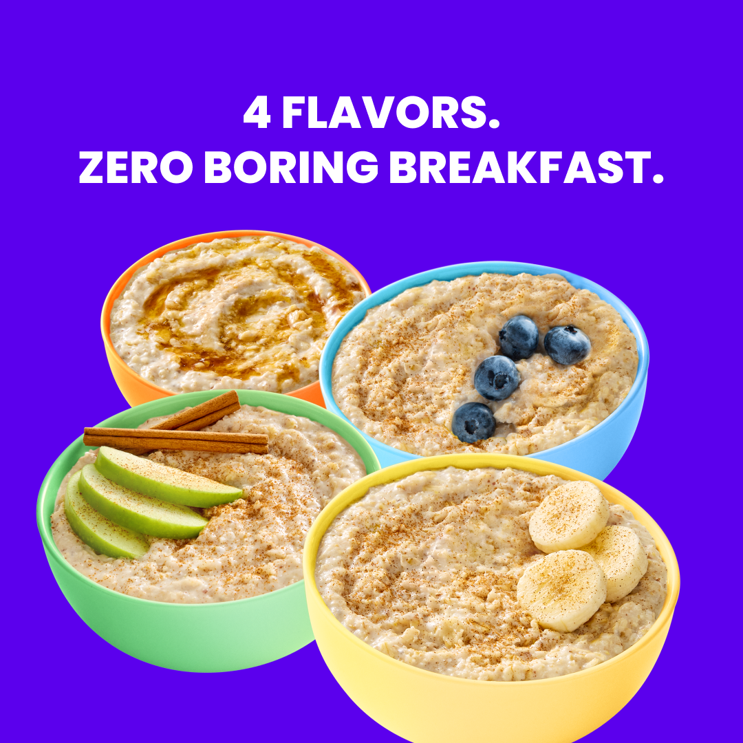 Four bowls of oatmeal are displayed against a vibrant purple background. Each bowl is a different color: orange, blue, green, and yellow. The oatmeal in each bowl is topped with different ingredients: the orange bowl has a swirl of honey or syrup, the blue bowl has blueberries and cinnamon, the green bowl has sliced green apples and cinnamon sticks, and the yellow bowl has sliced bananas and cinnamon. White text overlaying the top of the image reads "4 FLAVORS. ZERO BORING BREAKFAST."