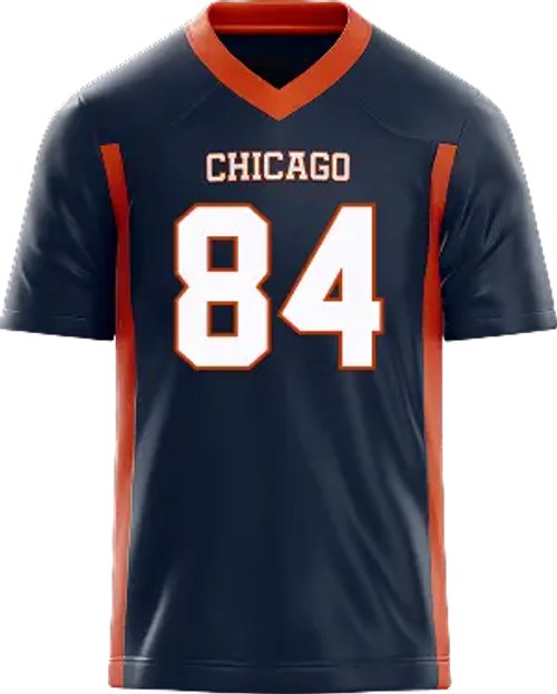 A dark blue football jersey with orange trim is shown against a white background. The word "CHICAGO" is printed in white block letters above the number "84" which is also in white block letters with an orange outline. The text "Get $150 in Lineups when you play your first $5." is overlaid on the image.