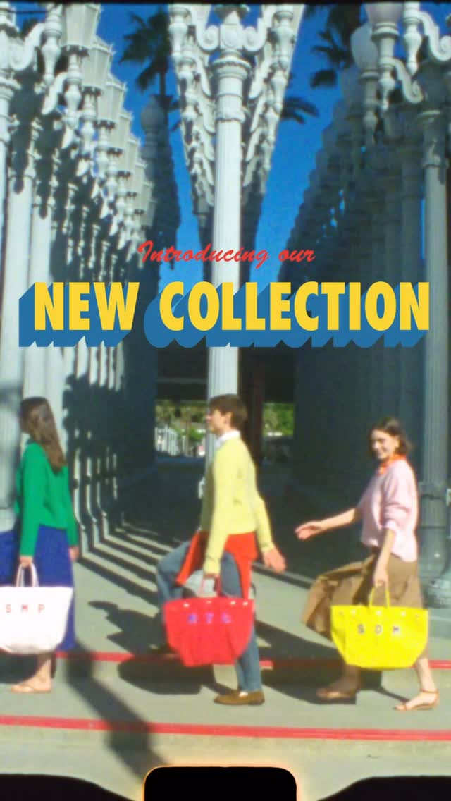 Three young people walk in front of a white colonnade, each carrying a brightly colored tote bag. The text "Introducing our NEW COLLECTION" is overlaid in large, bold yellow and blue letters. The overall aesthetic is bright, sunny, and reminiscent of a fashion editorial shoot.