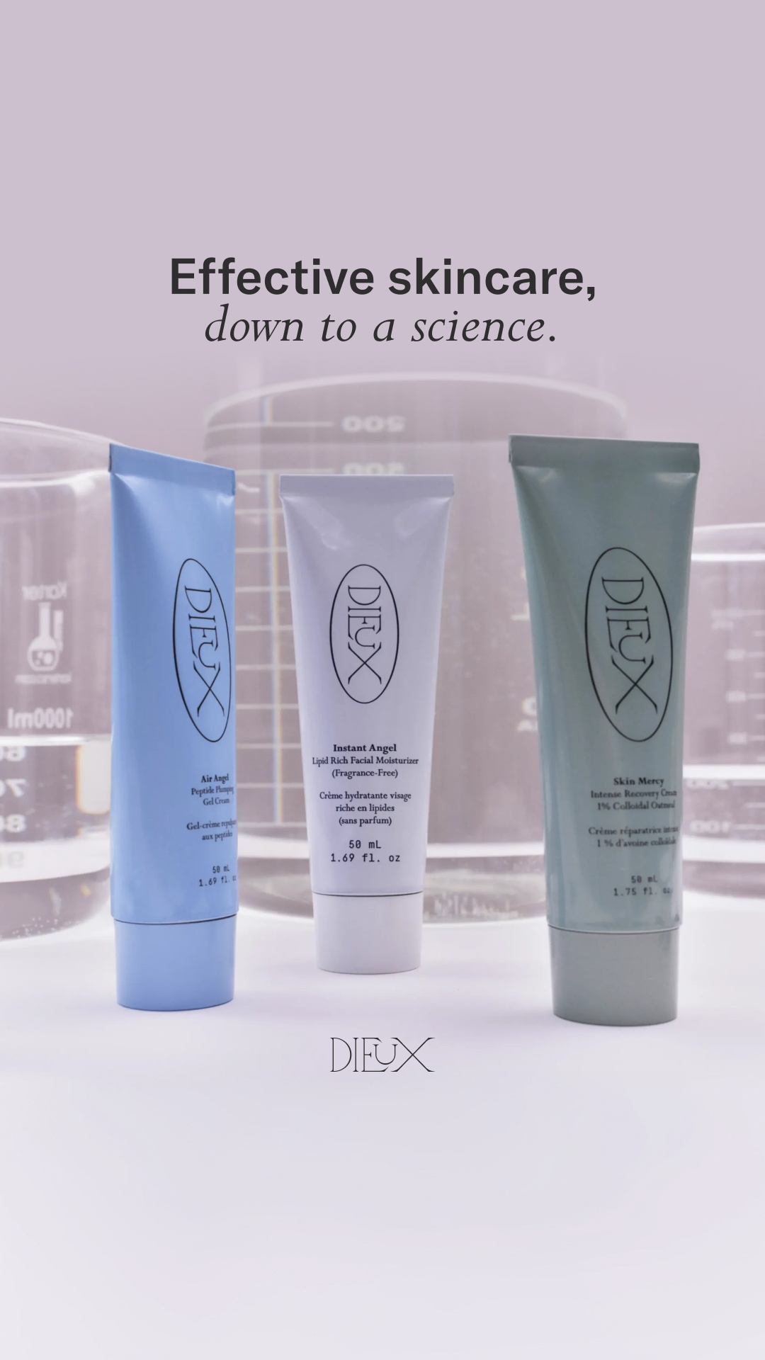 Three tubes of Dieux skincare products are displayed in the center of the frame against a soft purple, out-of-focus background that resembles laboratory beakers. The text "Effective skincare, down to a science." is overlaid at the top of the image. The tubes are arranged from left to right: a light blue tube, a white tube, and a muted green tube. Each tube has the Dieux logo and product details printed on it.