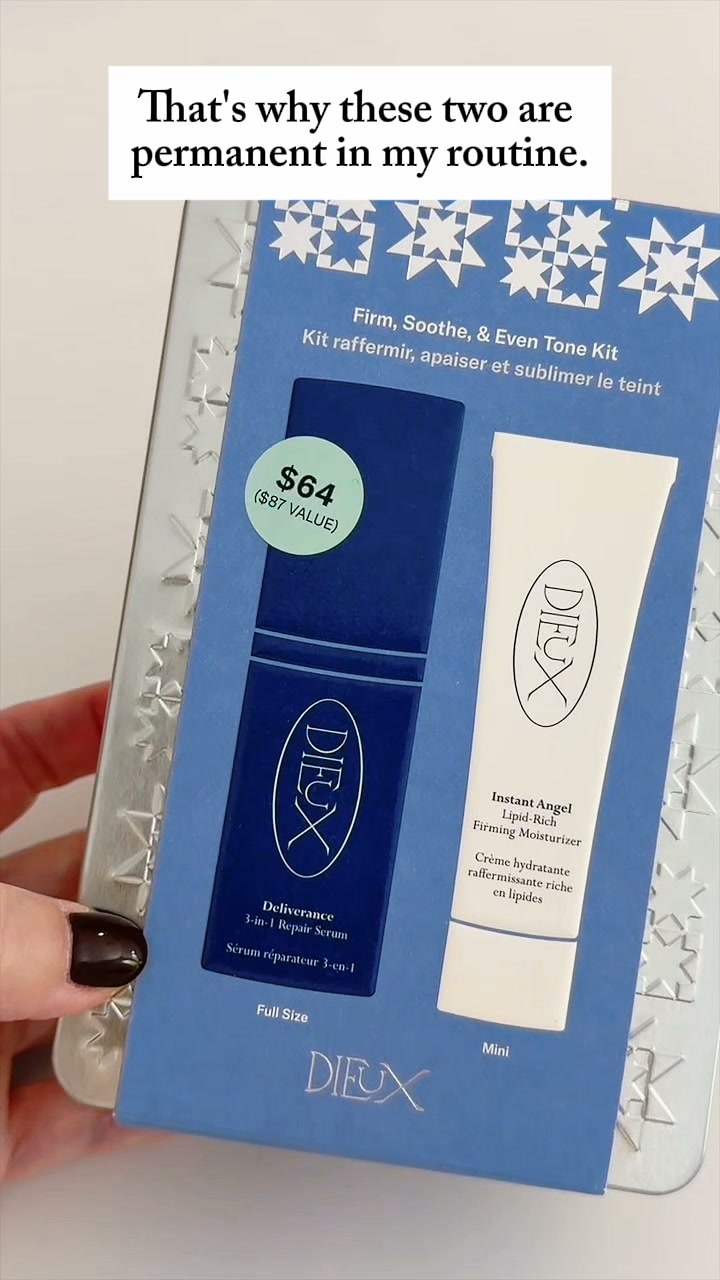 The image displays a Dieux skincare kit, featuring a dark blue bottle labeled 'Deliverance 3-in-1 Repair Serum' and a white tube labeled 'Instant Angel Lipid-Rich Firming Moisturizer'. A green circular sticker on the kit indicates a price of $64 with a value of $87. The text overlay reads, "That's why these two are permanent in my routine." The kit is presented against a metallic background with embossed star patterns. The overall presentation highlights the product and its value proposition.