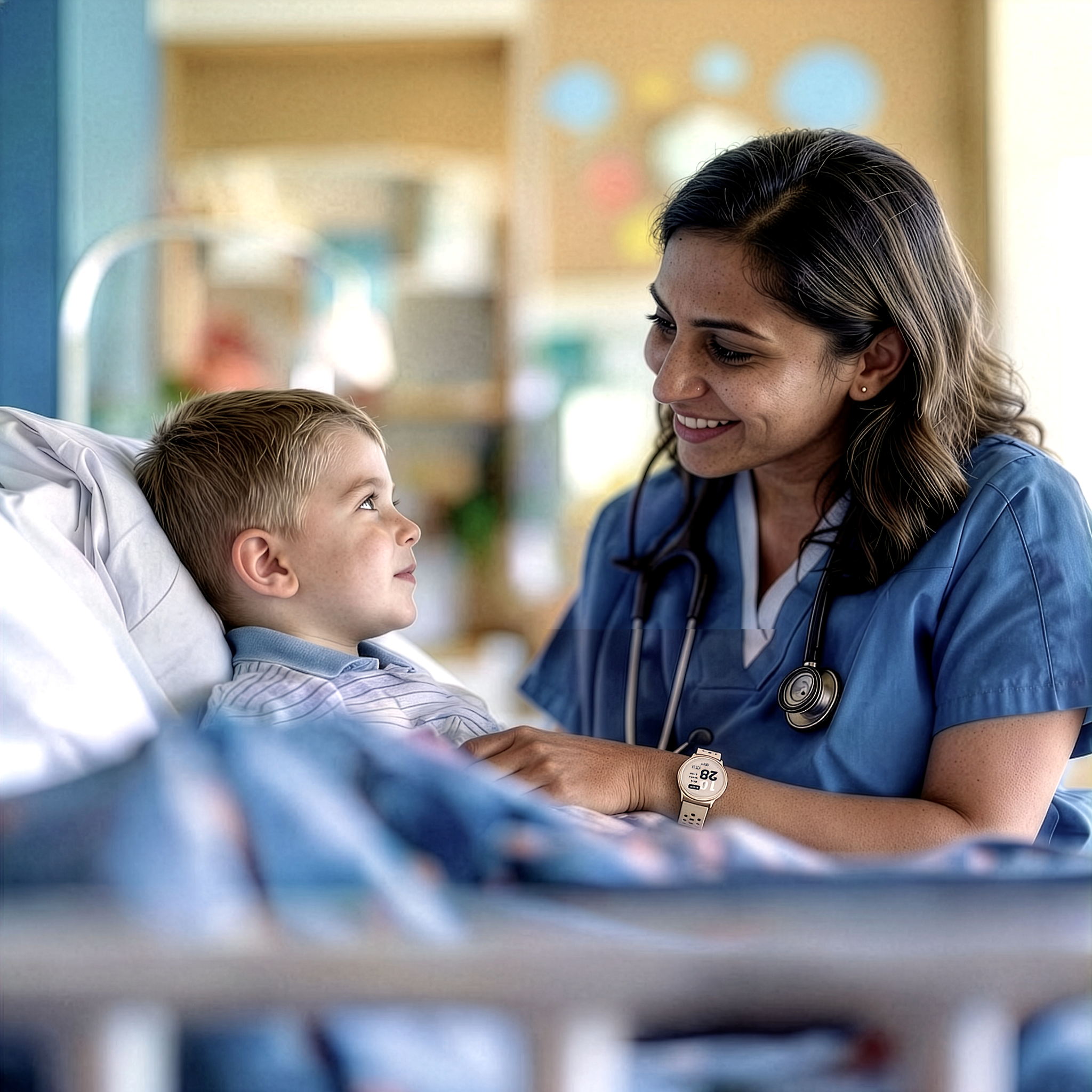 A nurse in blue scrubs smiles warmly at a young boy in a hospital bed. The nurse is wearing a stethoscope around her neck and a smartwatch on her wrist. The boy is looking up at the nurse with a gentle expression. The background is a softly blurred hospital room. Text overlays the image, stating: "From early starts to long shifts, Reebok Pulse is built to go longer between charges."