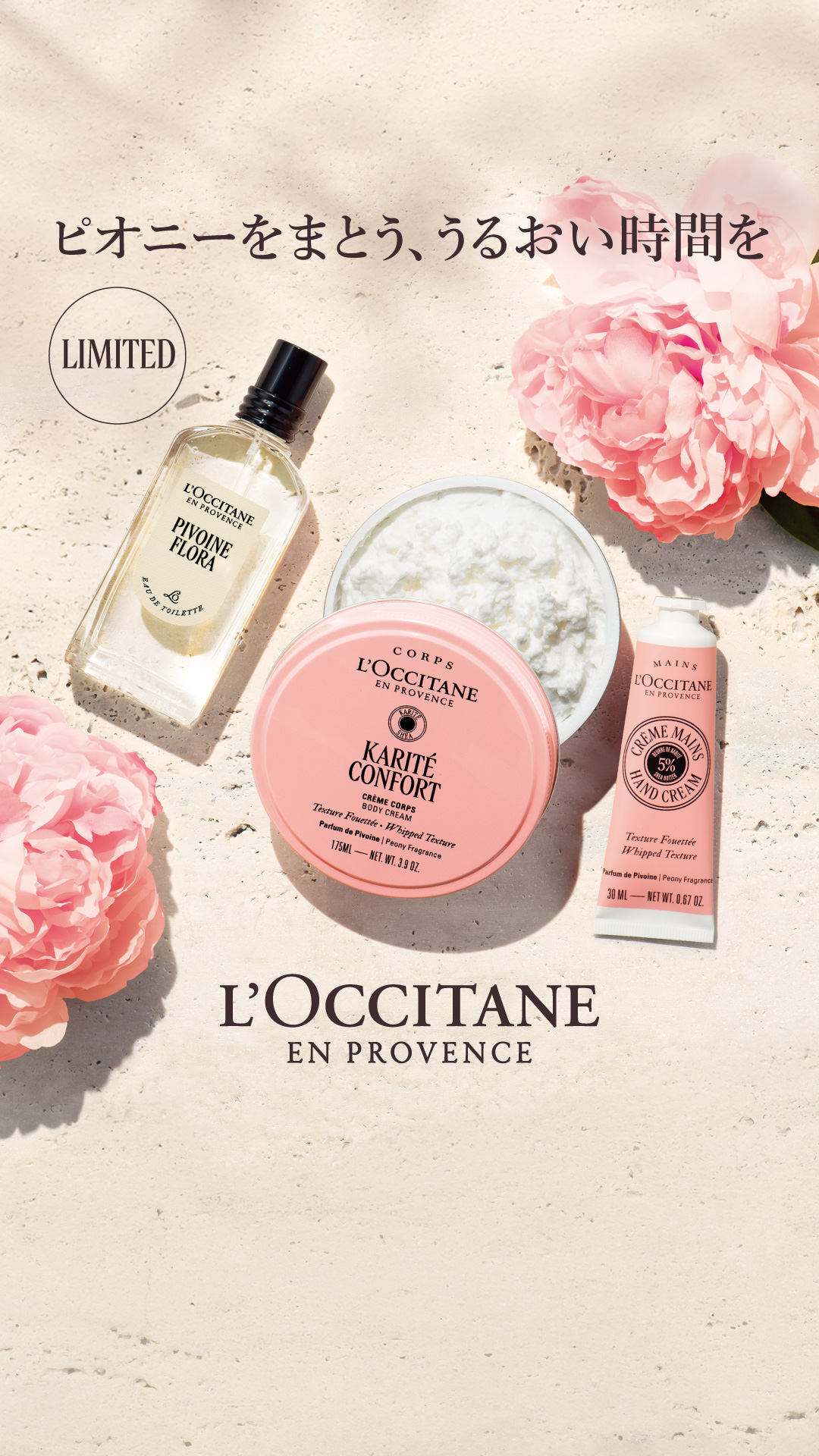 The image displays a collection of L'Occitane en Provence skincare products, including a perfume bottle, a large body cream jar, and a small hand cream tube, arranged on a textured, light-colored surface. Delicate pink peonies are scattered around the products, adding a floral element. The text "LIMITED" is visible in a circle on the left side of the image. The main text overlay reads "ピオニーの華やかな香りを、全身にまとって。ホイップのようにふんわり軽やかなテクスチャーの日本限定製品も。" which translates to "Wrap yourself in the gorgeous scent of peony all over your body. Also, limited edition products with a fluffy, light texture like whipped cream." The L'Occitane logo is prominently displayed at the bottom.