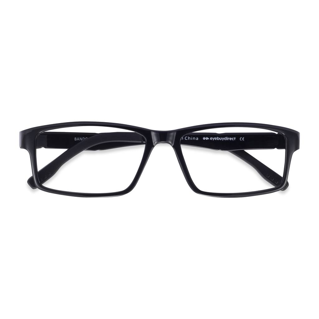 A pair of black, rectangular eyeglasses is displayed against a plain white background. The glasses are shown from a front-on perspective, with the temples extended. On the inside of the left temple, the word "BANDO" is visible. On the inside of the right temple, "China" and "eyebuydirect CE" are printed. Text overlays the image, stating "Explore our collection of over 3,000 frames—because finding the perfect match shouldn’t be hard."