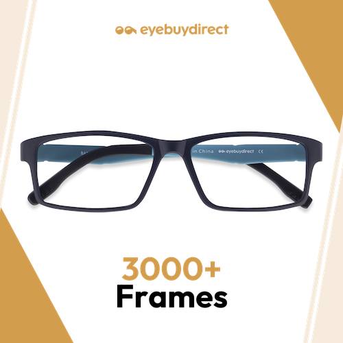 A pair of dark blue rectangular eyeglasses is centered on a white background with a subtle geometric pattern. The text "3000+ Frames" is displayed prominently below the glasses in large, bold font. The brand "eyebuydirect" is visible at the top of the image. The overall creative highlights the extensive selection of frames available.