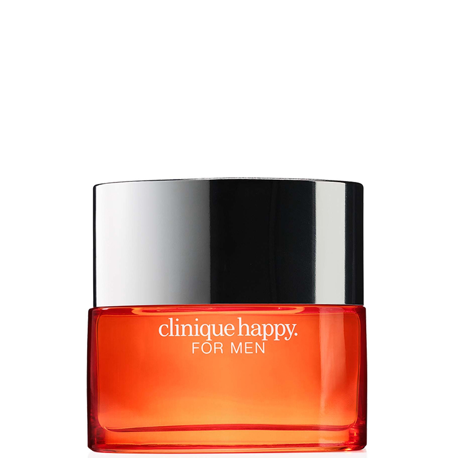 A product shot of Clinique Happy for Men fragrance bottle. The bottle is orange with a silver cap. White text overlay reads "clinique happy. FOR MEN". Below this, the offer "Enjoy 12 months of Next Day Delivery with LF Premier for just £5.95." is displayed prominently.