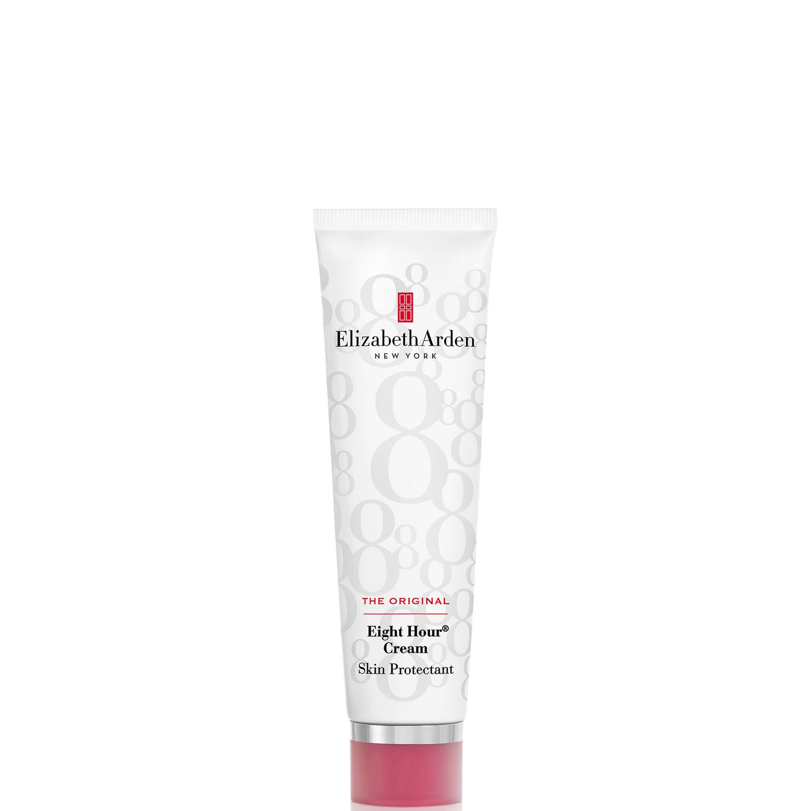 A white tube of Elizabeth Arden Eight Hour Cream Skin Protectant is centered against a white background. The tube has the brand name and product name printed on it in black text, along with a pattern of large, light gray "8" shapes. The cap of the tube is a translucent pink. The overall presentation is clean and focuses solely on the product.