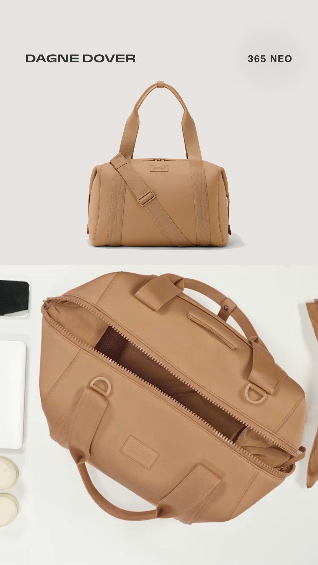 The top half of the creative features a clean, studio shot of a tan Dagne Dover duffel bag with its name and model number "365 NEO" displayed. The bottom half shows the same bag, but open and laid flat on a white surface, with a laptop and other items suggesting it's packed for a trip. The text "Packed for every version of every day." is overlaid on the image, aiming to evoke a sense of preparedness and versatility.