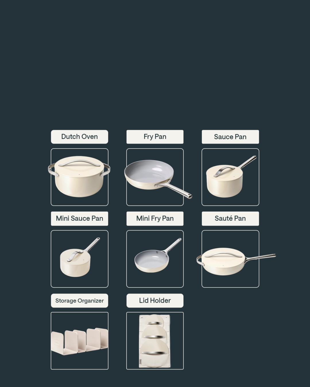 A grid displays various Caraway cookware items, including a Dutch oven, fry pan, sauce pan, mini sauce pan, mini fry pan, sauté pan, storage organizer, and lid holder. Each item is presented in a clean, product-shot style with its name labeled above. The text overlay reads "Bundle and save on Caraway's game changing cookware and kitchenware. With thoughtful designs and durable materials, they're worth every penny."