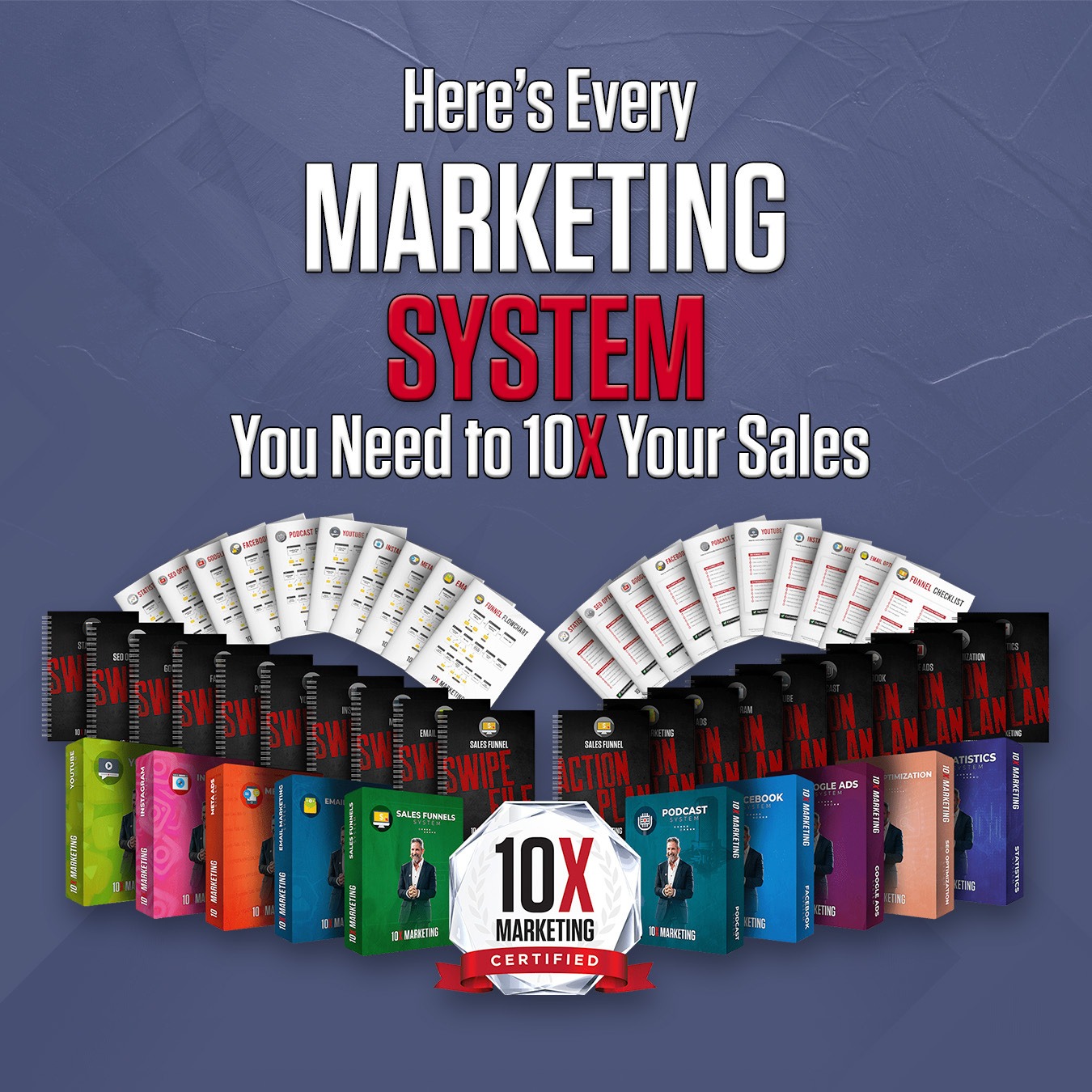 The image displays a collection of marketing system books and guides arranged in a fan shape. The background is a dark blue textured surface. Large white text at the top reads "Here's Every MARKETING SYSTEM". Below that, in large red 3D letters, it says "SYSTEM". The final line of text in white reads "You Need to 10X Your Sales". In the foreground, a man in a suit is featured on a "10X MARKETING CERTIFIED" badge, which is adorned with a red ribbon.