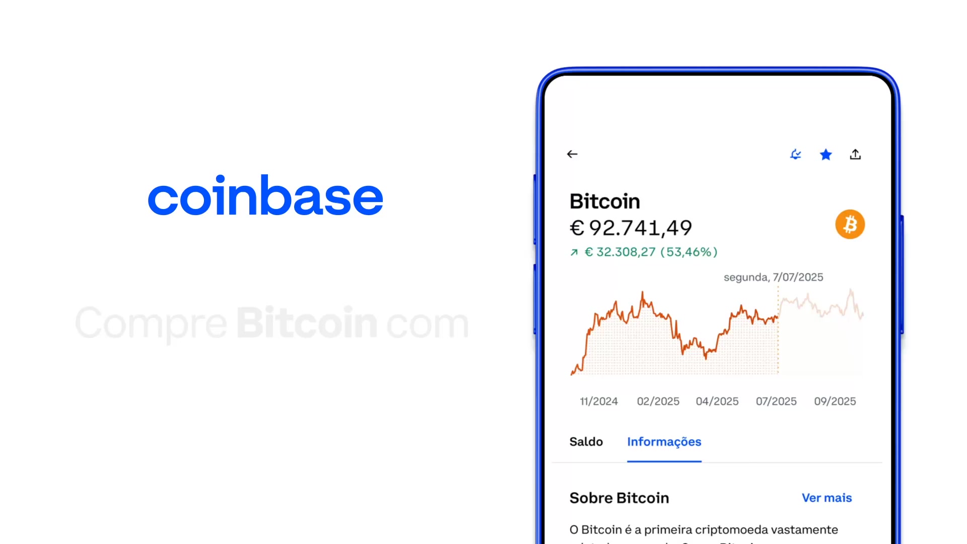 The Coinbase logo is displayed on the left side of the screen. To the right, a smartphone displays the Coinbase app interface, showing the Bitcoin price chart and details. The text "Compre Bitcoin.com" is faintly visible on the left side of the screen. The ad highlights the security and ease of buying and selling cryptocurrencies on the Coinbase platform.