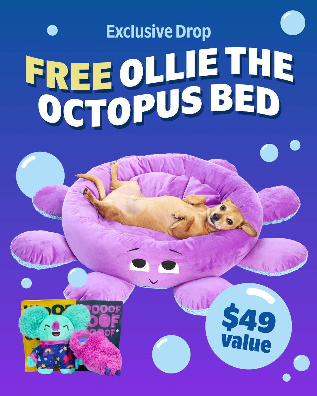 A dog is shown relaxing in a large, plush, purple octopus-shaped dog bed. The bed has large, cartoonish eyes and tentacles. In the foreground, to the left, are two dog toys: a green koala and a pink paw-shaped toy. To the right, a blue bubble graphic contains the text "$49 value". The background is a gradient of blue and purple. The headline text reads "Exclusive Drop FREE OLLIE THE OCTOPUS BED".