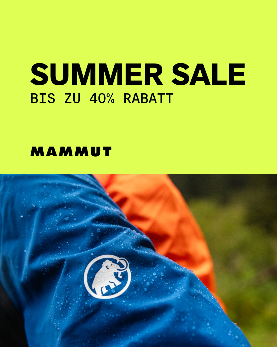 The creative features a bright yellow background with bold black text that reads "SUMMER SALE" and "BIS ZU 40% RABATT" (up to 40% discount). Below this, the brand name "MAMMUT" is displayed. The bottom half of the image shows a close-up of a blue jacket with a white Mammut logo, suggesting outdoor apparel. The overall impression is a promotional advertisement for a summer sale.