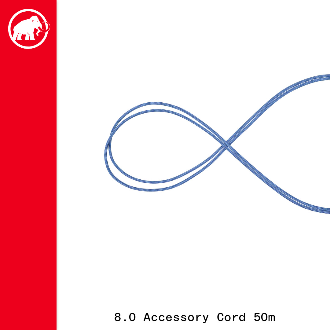 A red vertical bar is on the left side of the image, featuring a white Mammoth logo at the top. The rest of the image is white, with a blue rope forming an infinity symbol in the center. The text "8.0 Accessory Cord 50m" is displayed at the bottom of the image.