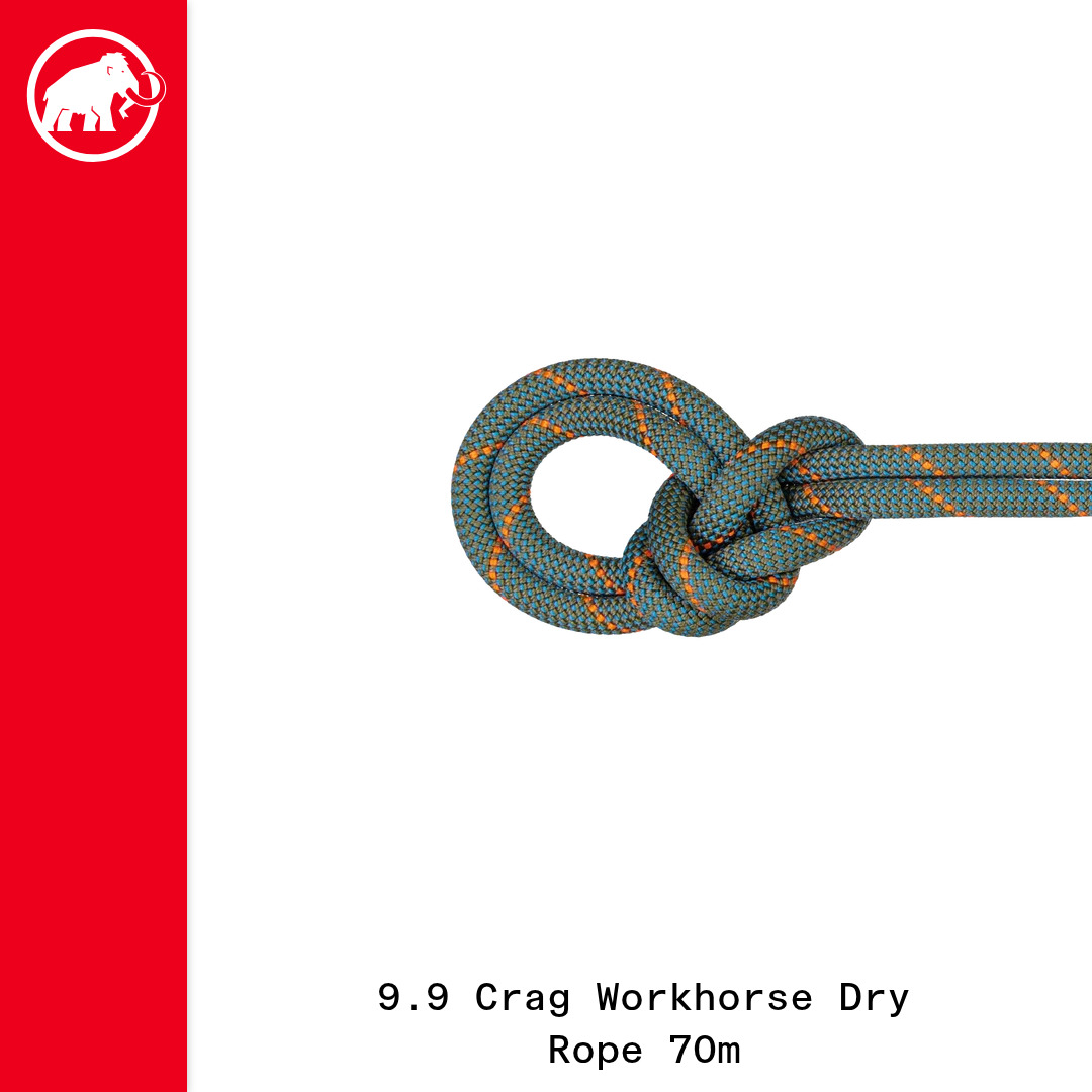 The image displays a close-up of a climbing rope with a knot tied in it. The rope is teal with orange threads. To the left, there is a red vertical bar with the Mammut logo, a white elephant, at the top. Below the rope, the text reads "9.9 Crag Workhorse Dry Rope 70m". The ad copy, which is not part of the visual, announces a winter sale with up to 40% off selected equipment.