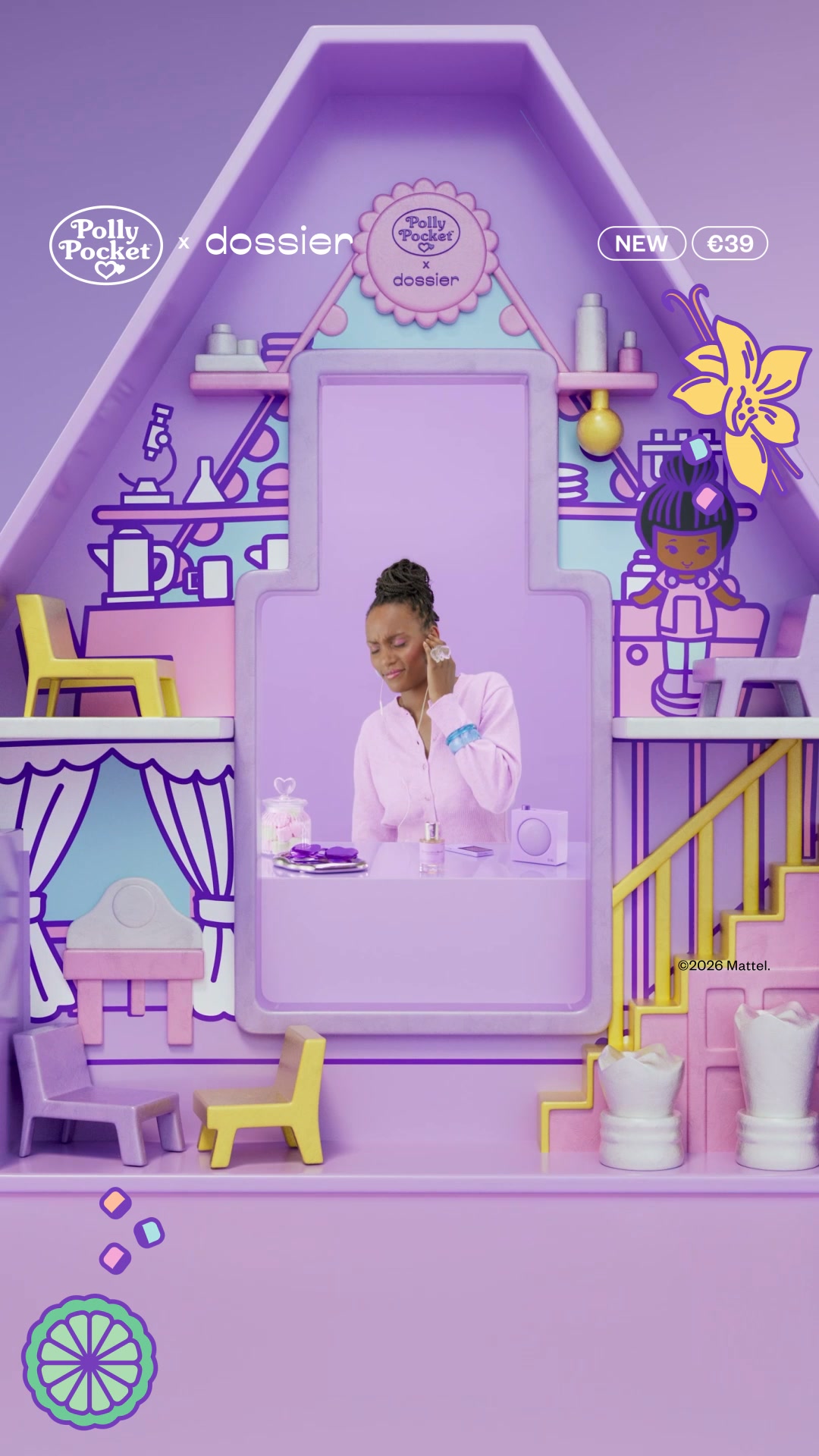 A whimsical, purple-toned illustration depicts a miniature dollhouse-like structure. Inside, a woman is shown with her eyes closed, wearing earbuds and looking content. The scene is filled with playful, stylized furniture and decorative elements. On-screen text announces a "NEW" item and its price, "€39", alongside the "Polly Pocket x dossier" collaboration logo.