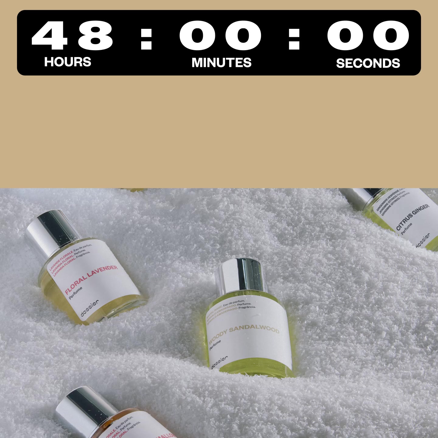 A black digital timer with white numbers displays "48 : 00 : 00" with "HOURS", "MINUTES", and "SECONDS" below each number. The timer is set against a beige background. Below the timer, a close-up shot shows several Dossier perfume bottles arranged on a white, fluffy towel. The bottles are labeled with names like "FLORAL LAVENDER" and "WOODY SANDALWOOD". The overall impression is a product display with a sense of urgency due to the prominent timer.