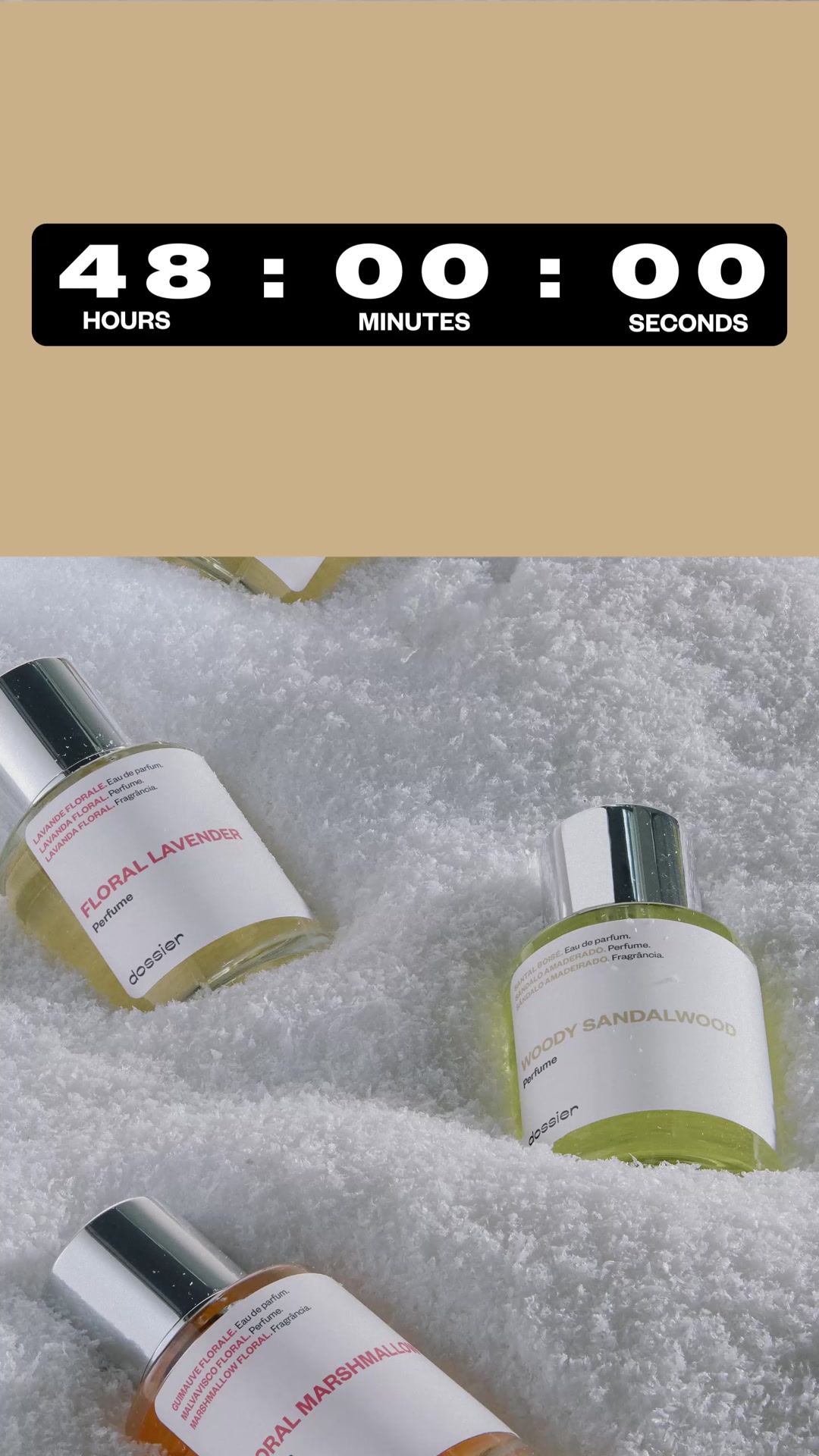 A black countdown timer with white numbers is displayed at the top of the image, showing 48 hours, 00 minutes, and 00 seconds. Below the timer, several bottles of Dossier perfume are arranged on a white, fluffy surface that resembles snow or cotton. The bottles are partially visible, with labels indicating scents like "FLORAL LAVENDER" and "WOODY SANDALWOOD." The overall aesthetic is clean and minimalist, with a focus on the product and the sense of urgency conveyed by the timer.
