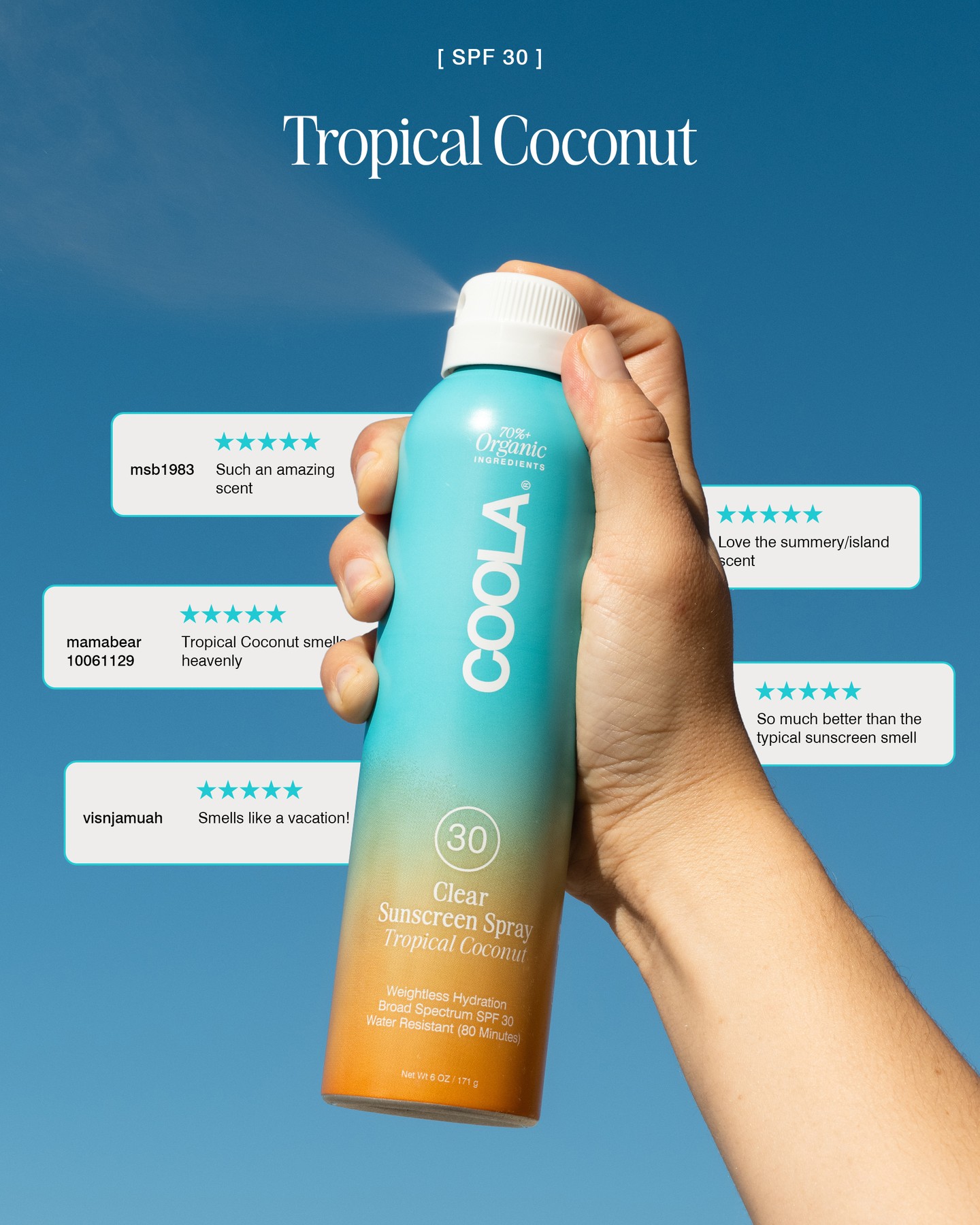 A hand holds a can of COOLA Tropical Coconut Clear Sunscreen Spray against a bright blue sky. Text overlays on the image include customer reviews praising the scent. The main text on the can reads "Tropical Coconut" and "SPF 30 Clear Sunscreen Spray." The hook, "Tropical-scented SPF Optional, Reapplication Required.," is presented directly to the viewer.