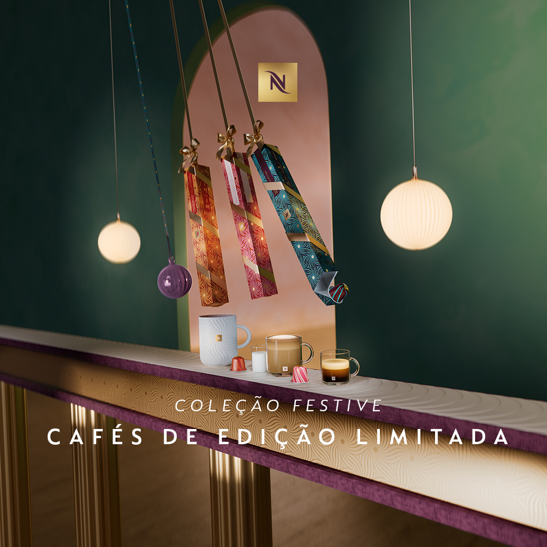 A festive Nespresso collection is presented on a counter with hanging decorative crackers. On the counter, there are two Nespresso mugs, one white and one brown, filled with coffee, and a small glass of espresso. The text "COLEÇÃO FESTIVE CAFÉS DE EDIÇÃO LIMITADA" is overlaid on the image. The overall aesthetic is elegant and celebratory, suggesting a special holiday offering.