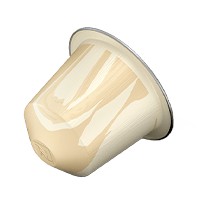 A close-up, isolated shot of a single Nespresso coffee capsule against a white background. The capsule has a light beige color with subtle, swirling patterns. Text overlaying the capsule reads: "Sip into summer with a refreshing new flavour and the comeback of a fan favourite. ☕🧊" The visual focuses solely on the product, hinting at a new or returning flavor for the summer season.