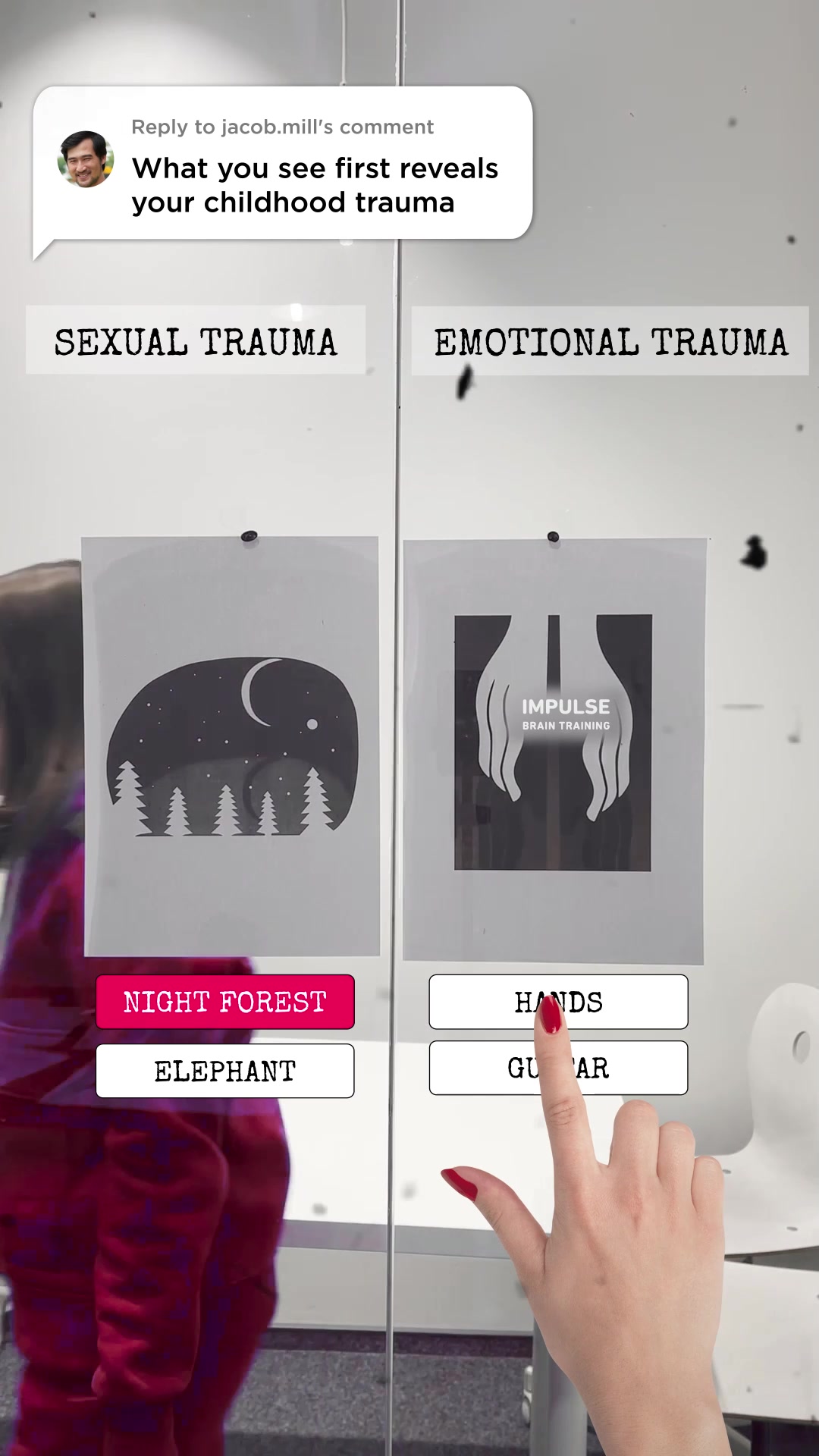 A TikTok comment is displayed at the top of the screen, asking 'What you see first reveals your childhood trauma'. Below this, the screen is split into two halves, labeled 'SEXUAL TRAUMA' and 'EMOTIONAL TRAUMA'. Each side features a different image: the left side shows a silhouette of an elephant against a night sky with a crescent moon and stars, with the text 'NIGHT FOREST' and 'ELEPHANT' below it. The right side shows a graphic of two hands with the text 'IMPULSE BRAIN TRAINING' and below it, the options 'HANDS' and 'GUITAR'. A person's hand with red nail polish is shown touching the 'HANDS' option.
