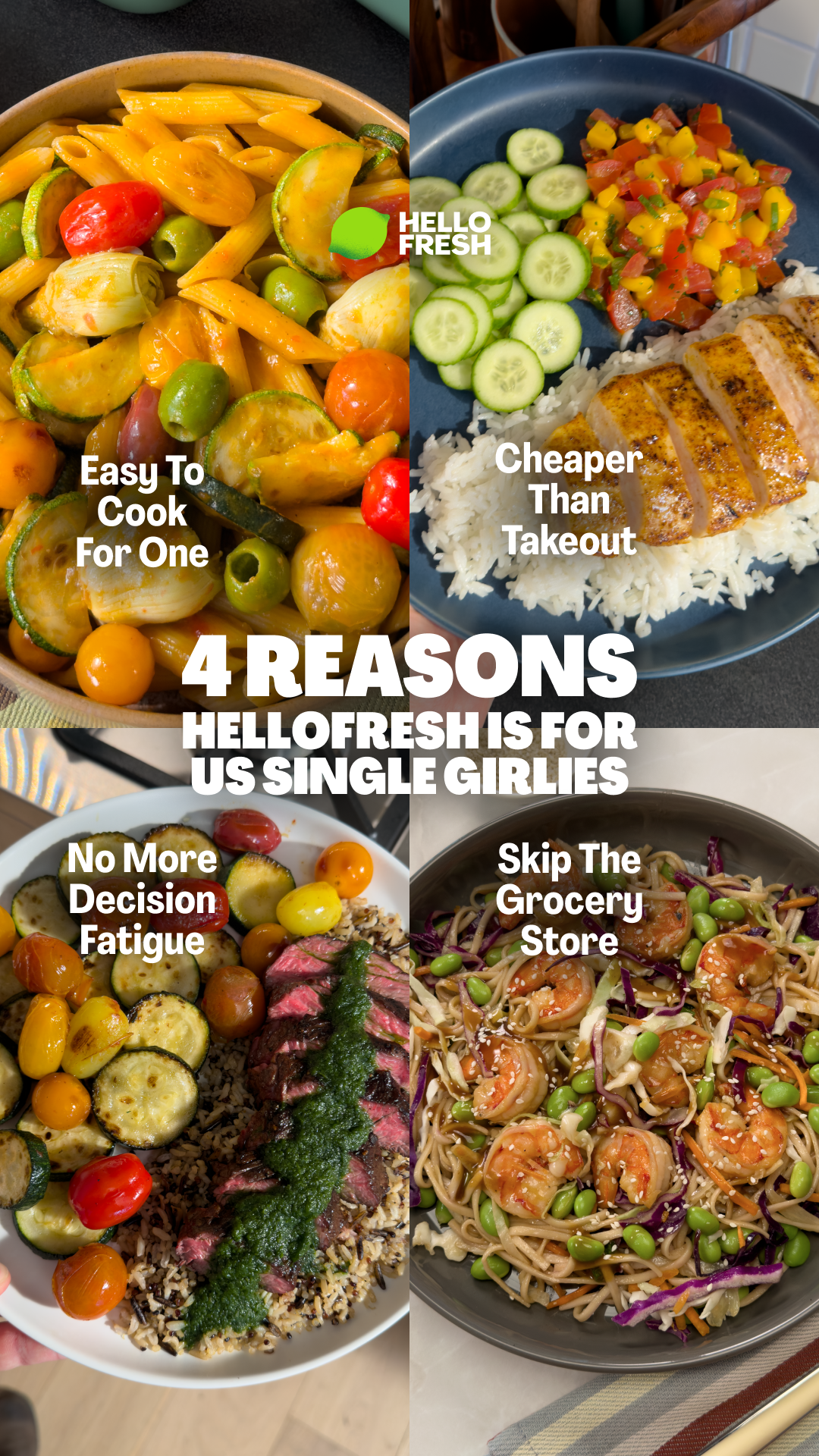 A four-panel collage showcases different HelloFresh meals. The top left shows pasta with vegetables and olives, with text "Easy To Cook For One." The top right shows grilled chicken with rice, cucumber salad, and salsa, with text "Cheaper Than Takeout." The bottom left shows a steak and vegetable dish with text "No More Decision Fatigue." The bottom right shows a noodle dish with shrimp and vegetables, with text "Skip The Grocery Store." The central text reads "4 REASONS HELLOFRESH IS FOR US SINGLE GIRLIES."