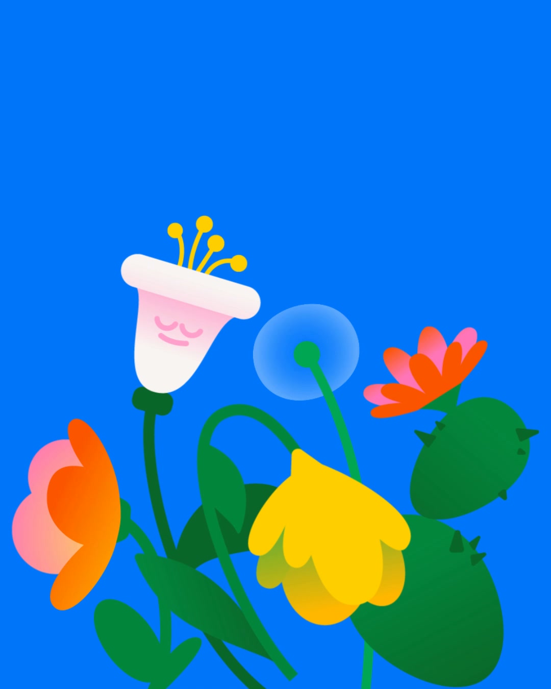 A whimsical illustration features a collection of stylized flowers against a vibrant blue background. One flower, resembling a trumpet with a face, has closed eyes and rosy cheeks, suggesting a moment of peace or contemplation. Other flowers in various bright colors, including orange, pink, and yellow, are also depicted with soft, rounded shapes. The overall aesthetic is cheerful and calming, evoking a sense of tranquility and mindfulness.