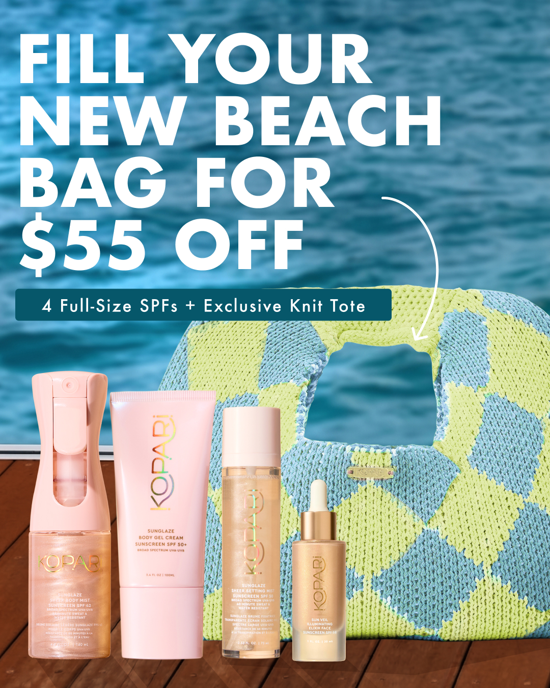 A vibrant, close-up shot features four Kopari Beauty sun care products arranged on a wooden surface with a blurred ocean background. The products include a spray bottle, a tube, a mist bottle, and a dropper bottle, all in pink packaging. Overlaying the image is large, white text that reads "FILL YOUR NEW BEACH BAG FOR $55 OFF" and below that, "4 Full-Size SPFs + Exclusive Knit Tote." A colorful, checkered knit tote bag is visible on the right side of the frame.