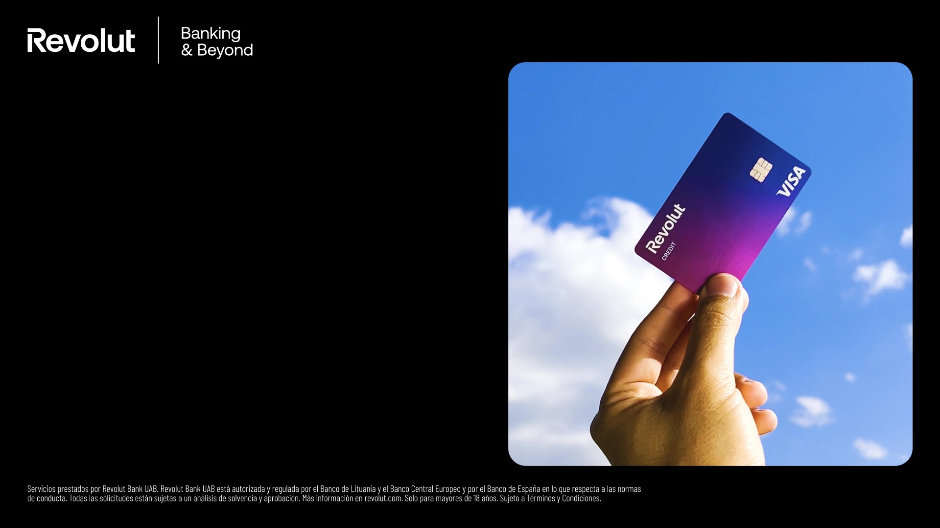 A hand holds up a Revolut credit card with a purple and blue gradient against a bright blue sky with white clouds. The Revolut logo and the word 'CREDIT' are visible on the card, along with the Visa logo. The bottom of the image contains legal text in Spanish regarding the services provided by Revolut Bank UAB. The text overlay on the image is the hook, which highlights that millions of global customers are already using Revolut for smarter payments, money transfers, and savings.
