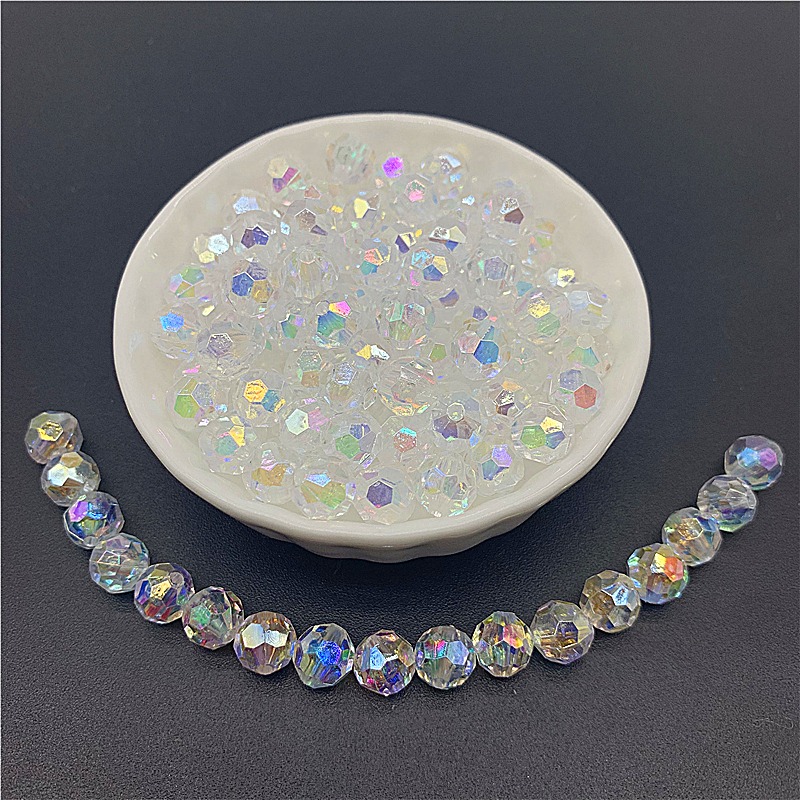 A white bowl is filled with clear, faceted beads that have an iridescent sheen. Below the bowl, a string of similar beads is arranged in a gentle curve against a dark gray background. The on-screen text highlights a promotion for 3 items starting at $990 CLP and up to 70% off for new customers, emphasizing that the offer is for a limited time.