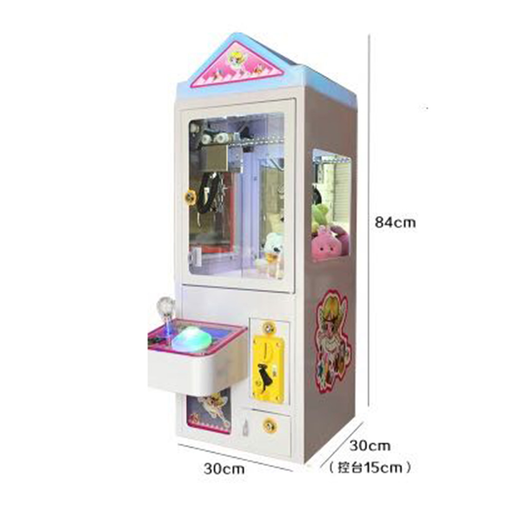 A product shot of a small, white claw machine filled with plush toys. The machine has colorful graphics and lights on its control panel. Dimensions are shown on the side: 84cm height, 30cm width, and 15cm depth for the control panel. The background is plain white.