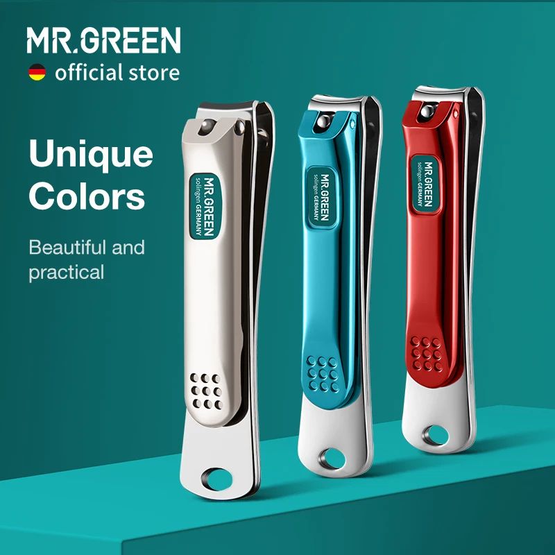 Three MR.GREEN nail clippers in silver, blue, and red are displayed against a teal background. The text "MR.GREEN official store" is in the top left corner. Below it, "Unique Colors" is written in large white font, followed by "Beautiful and practical" in smaller white font. The nail clippers are the main focus, showcasing their different color options and sleek design.